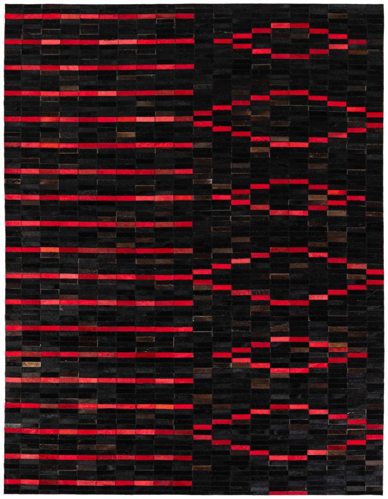 A 5x8 rectangular Cowhide Stocks rug by Rugs.com. The modern design features a patchwork of black cowhide squares with horizontal red and brown leather strips, creating a dynamic, abstract pattern.