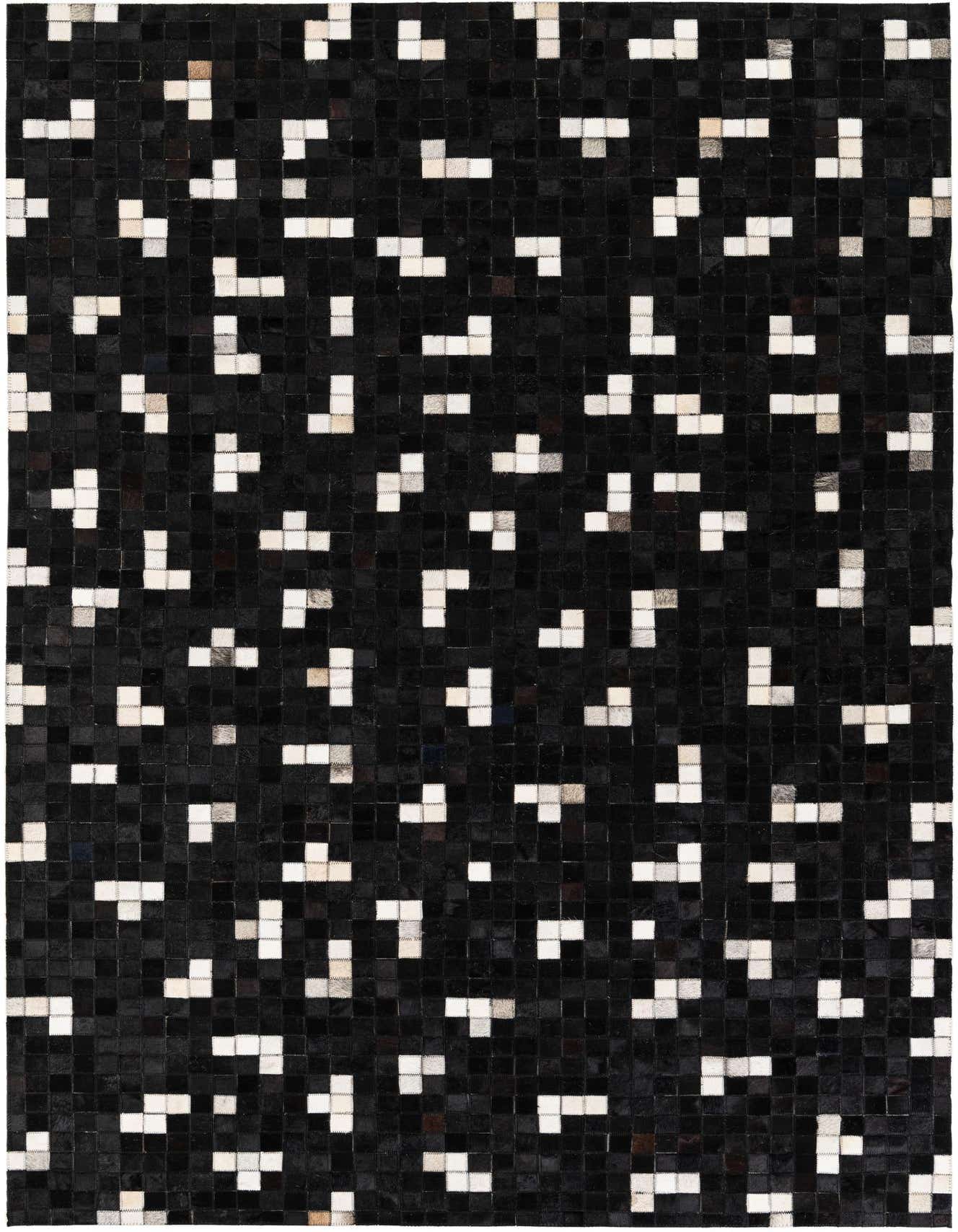 A 5x8 rectangular black modern rug made from cowhide and leather, featuring a scattered pixelated pattern of white and light brown squares.