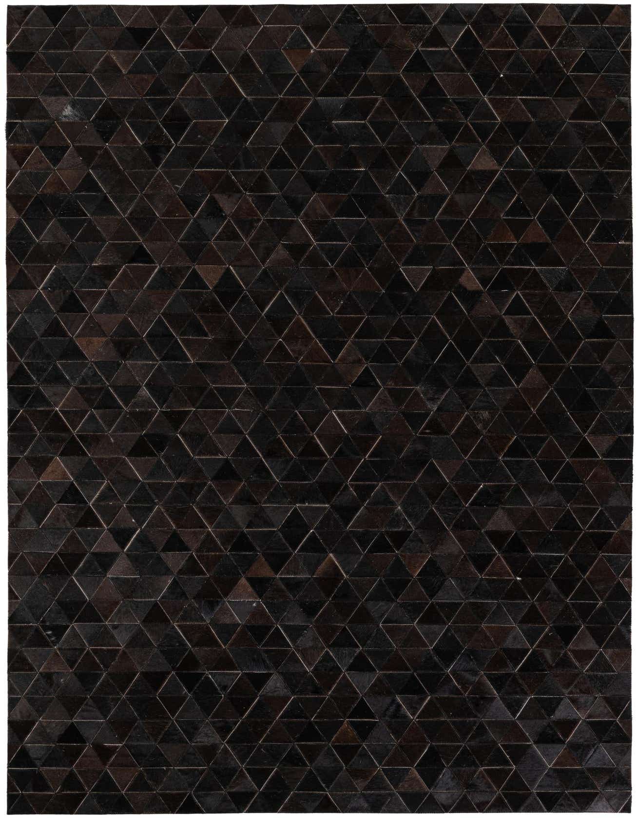 A 5x8 rectangular black modern rug made from cowhide and leather, featuring a geometric triangular pattern.