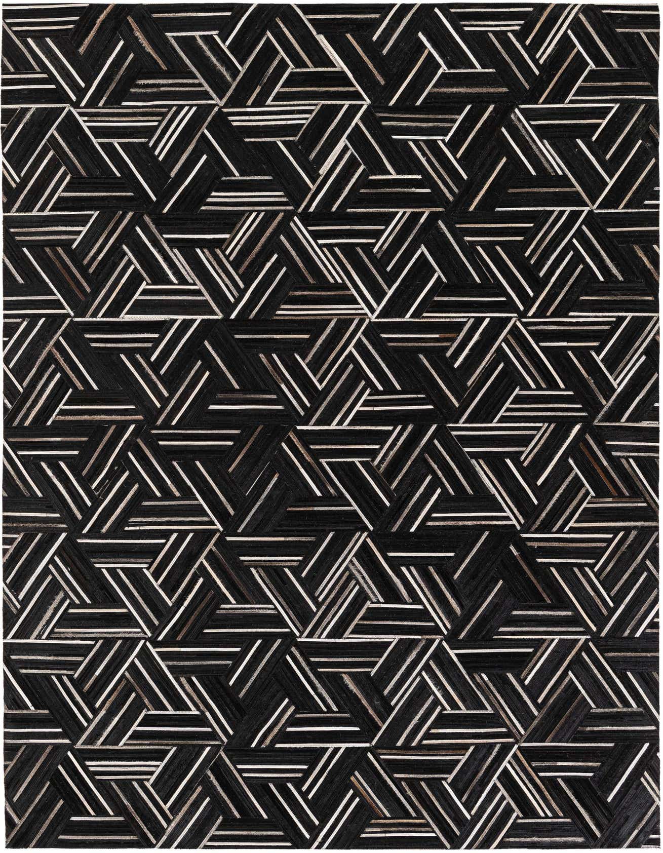 A 5x8 rectangular black modern cowhide rug featuring a geometric pattern of interlocking triangles with white and brown stripes.