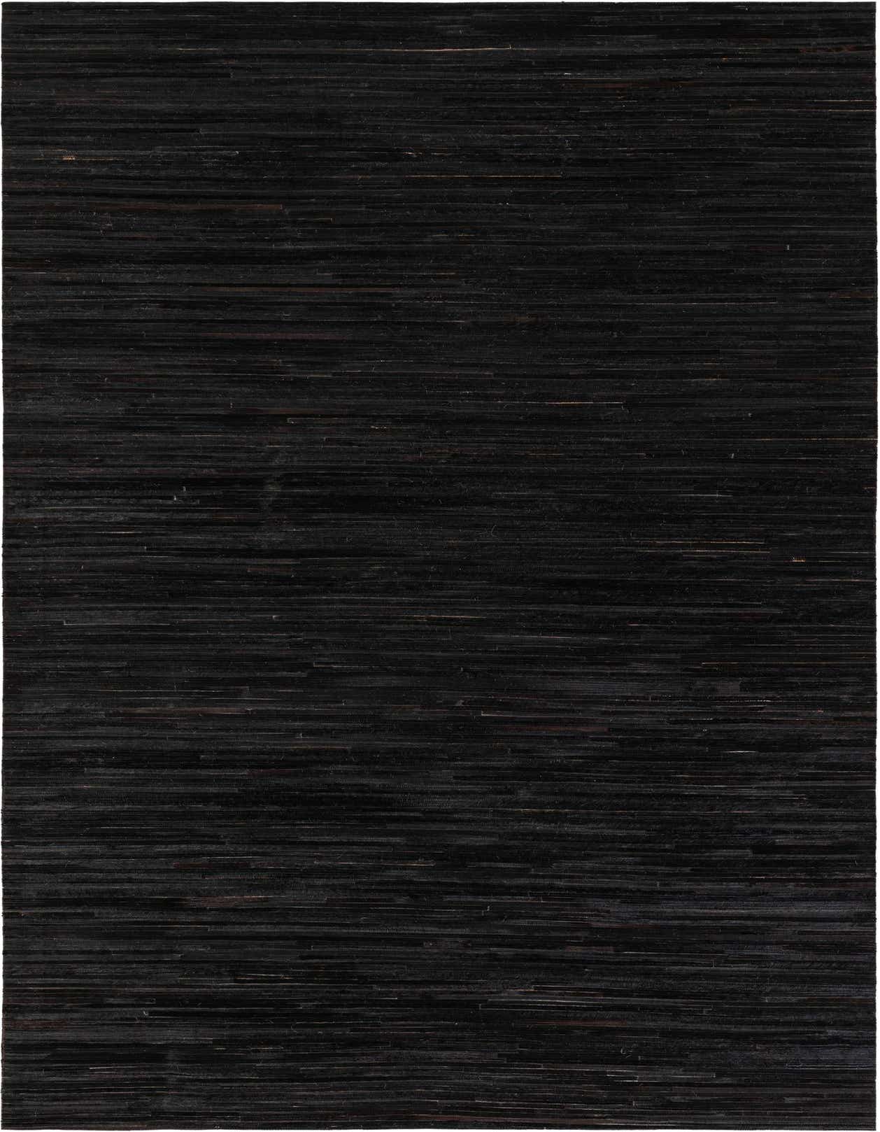 A 5x8 rectangular Cowhide Stocks rug from Rugs.com, featuring a modern design with varied black and dark brown strips, suitable for a living room.