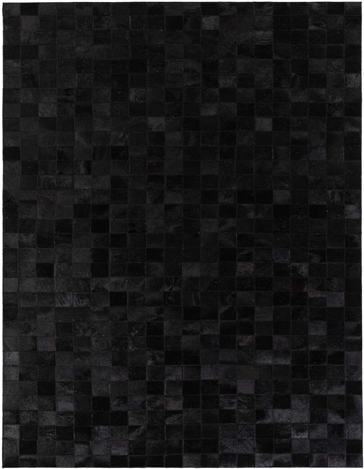 A 5x8 rectangular black modern cowhide rug featuring a patchwork of varying dark tones, suitable for an indoor living space.