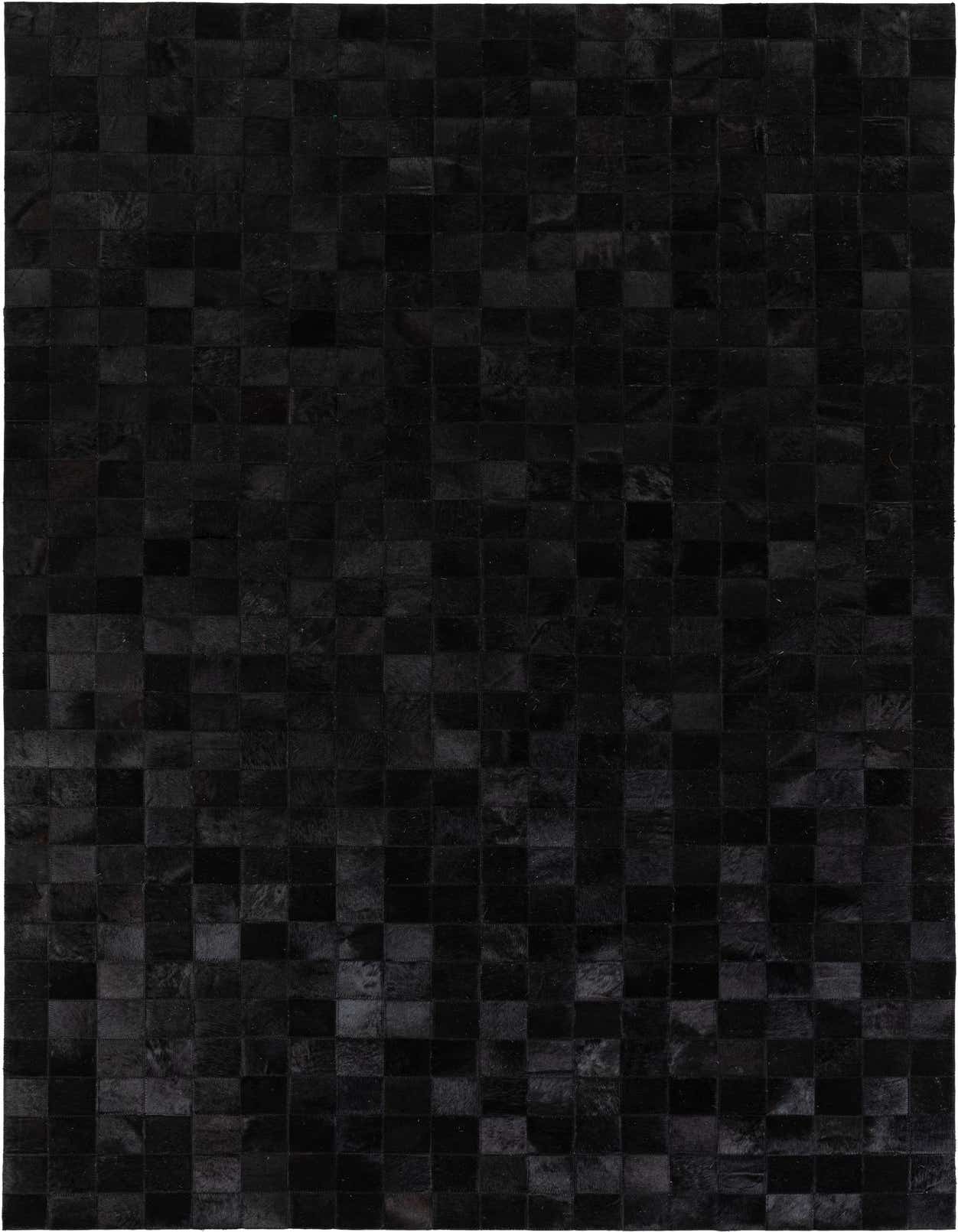 A 5x8 rectangular black modern cowhide rug featuring a checkerboard pattern of varying black leather patches.
