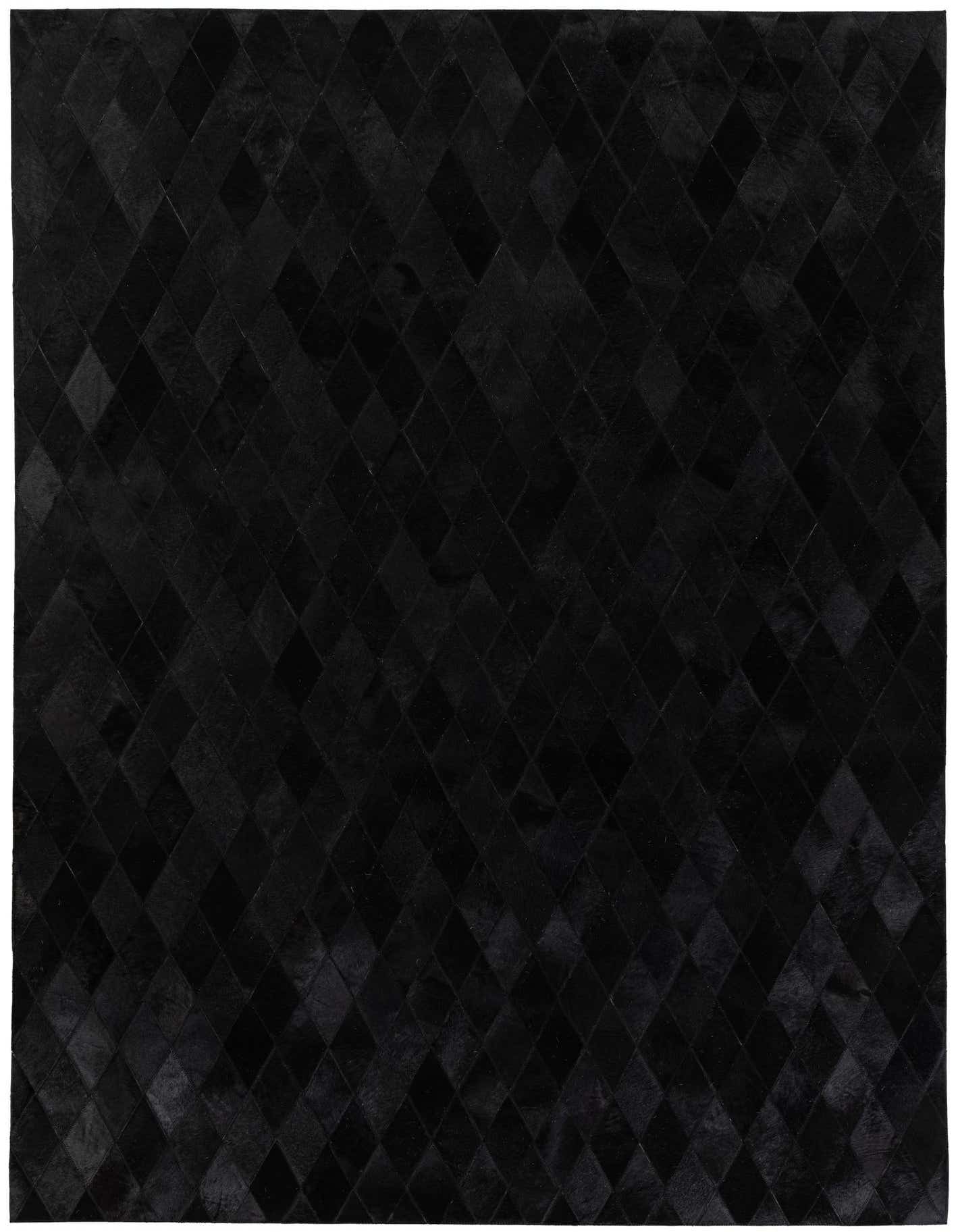 A 5x8 rectangular black modern cowhide rug with a subtle diamond pattern, suitable for a living room or bedroom.