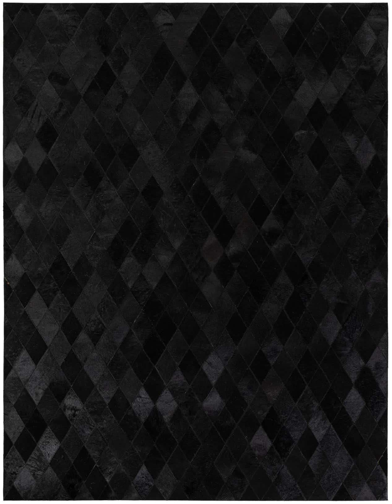 A 5x8 rectangular black modern rug made from cowhide and leather, featuring a subtle diamond pattern, suitable for a living room or bedroom.