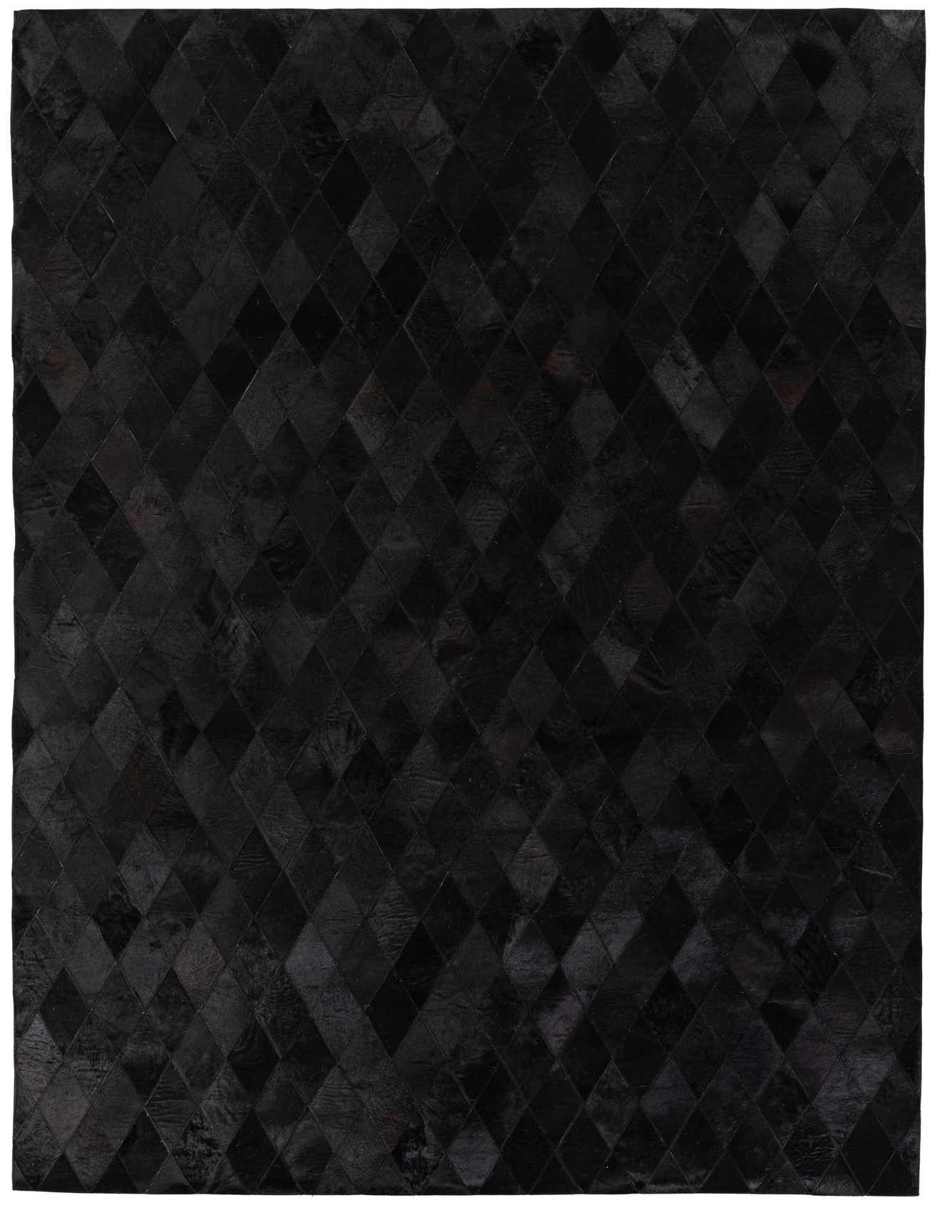 A 5x8 rectangular black modern cowhide rug with a subtle diamond patchwork pattern, suitable for various indoor rooms.