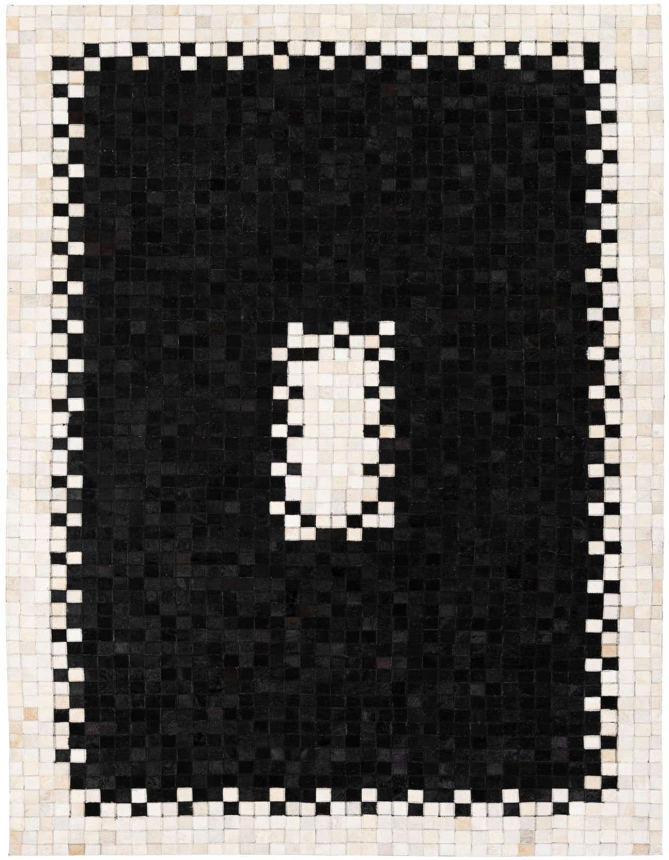 A 5x8 rectangular black modern cowhide rug with a white and black checkered border and a white rectangular accent in the center.