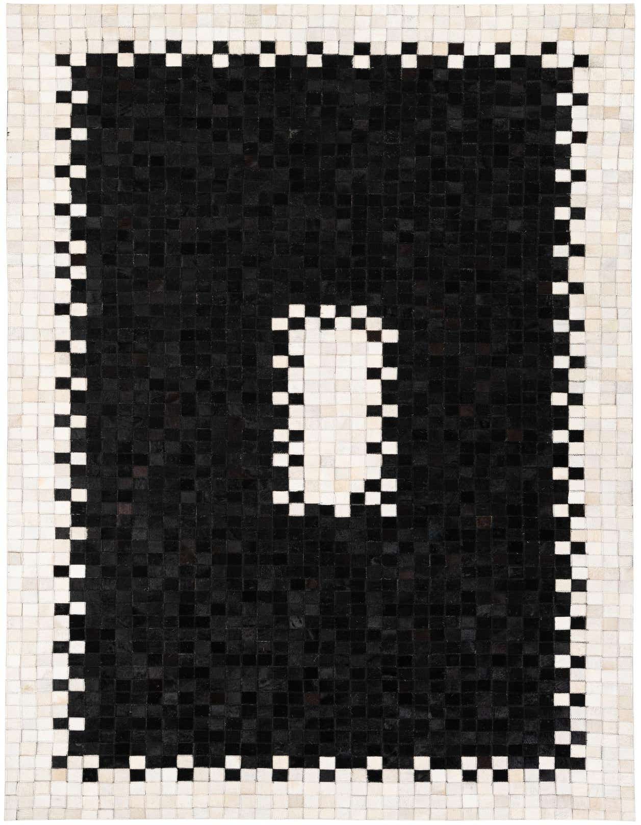 A 5x8 rectangular black modern cowhide rug with a white and black checkered border and a white rectangular accent in the center.