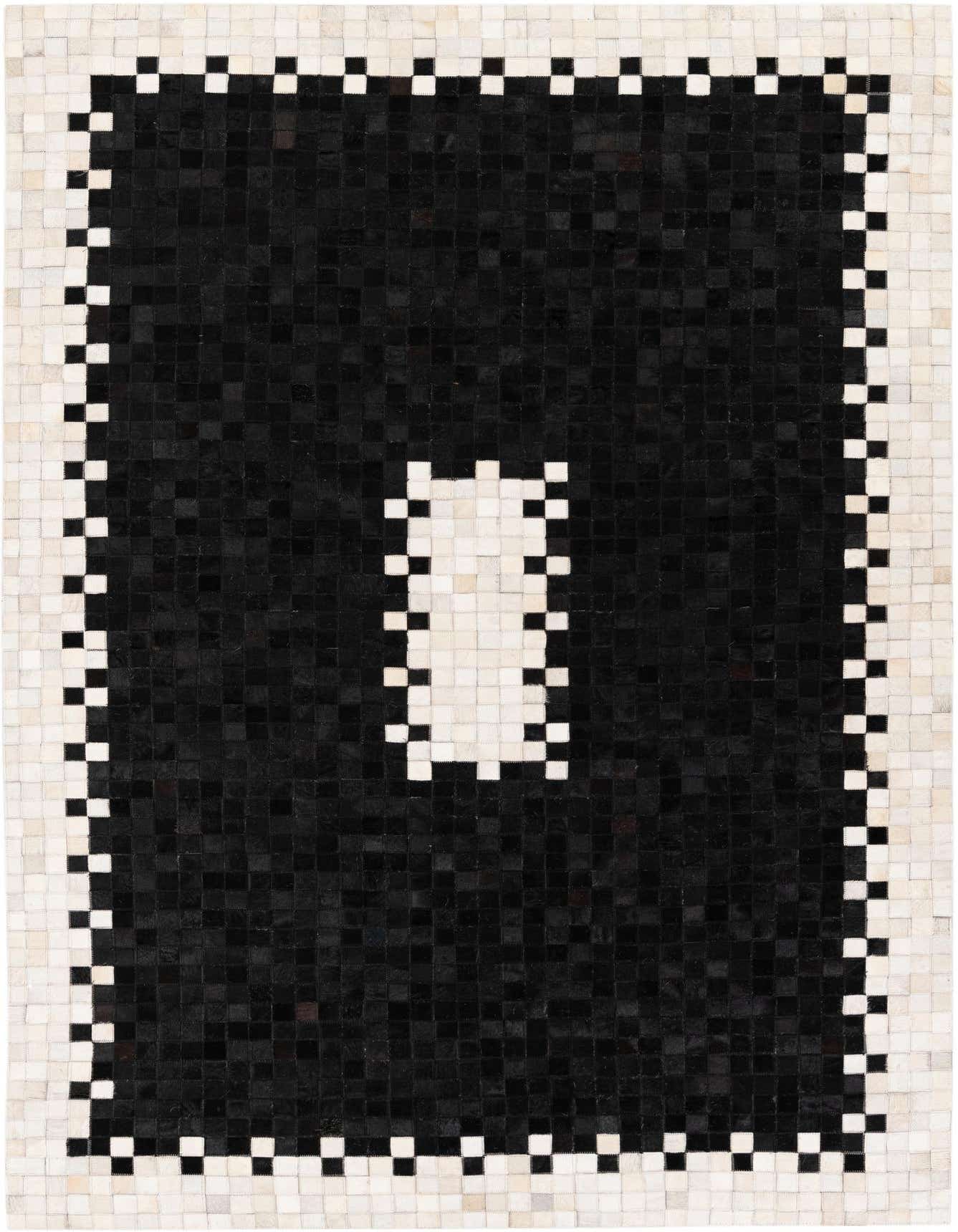 A 5x8 rectangular black and white modern cowhide rug with a checkered border and central white rectangle.