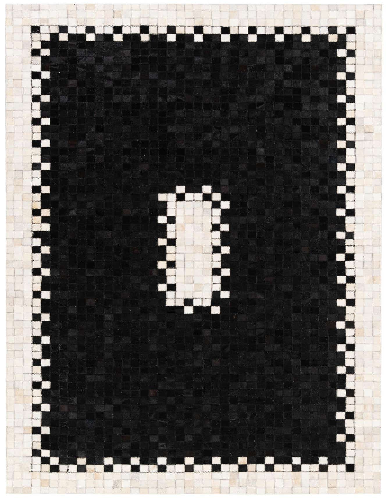 A 5x8 rectangular black modern cowhide rug with a white and black checkerboard border and a central white rectangular accent.