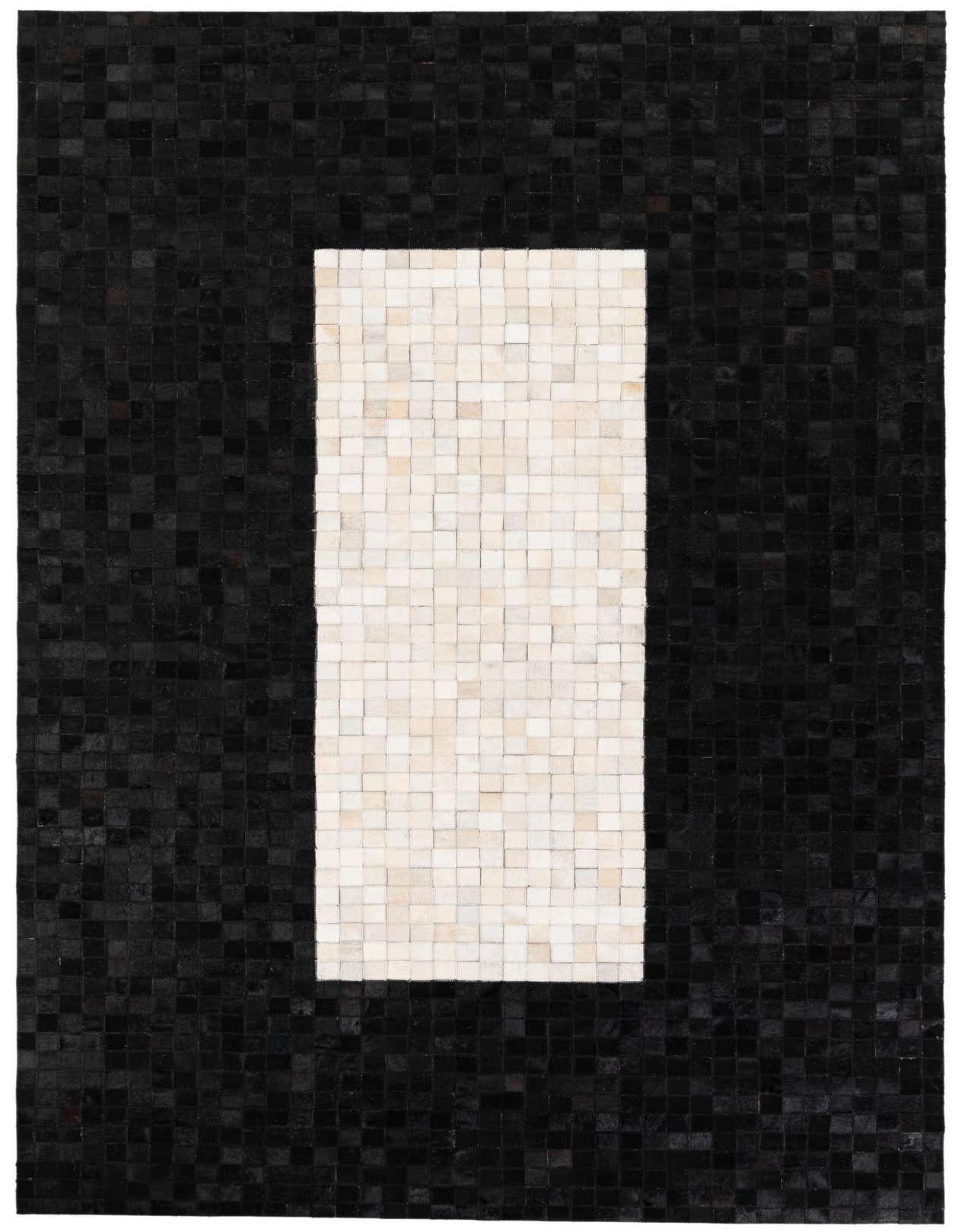 A 5x8 rectangular modern rug with a black cowhide border and a central white cowhide rectangle.