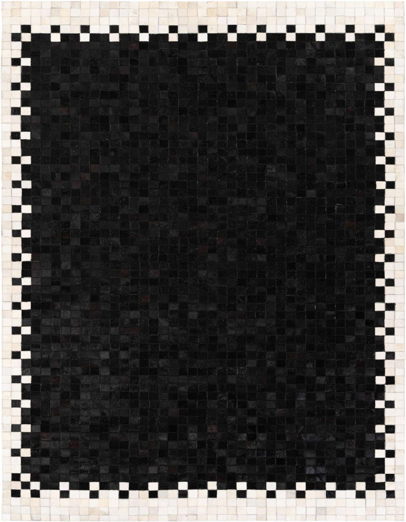 A 5x8 rectangular black modern cowhide rug with a white and black checkered border.
