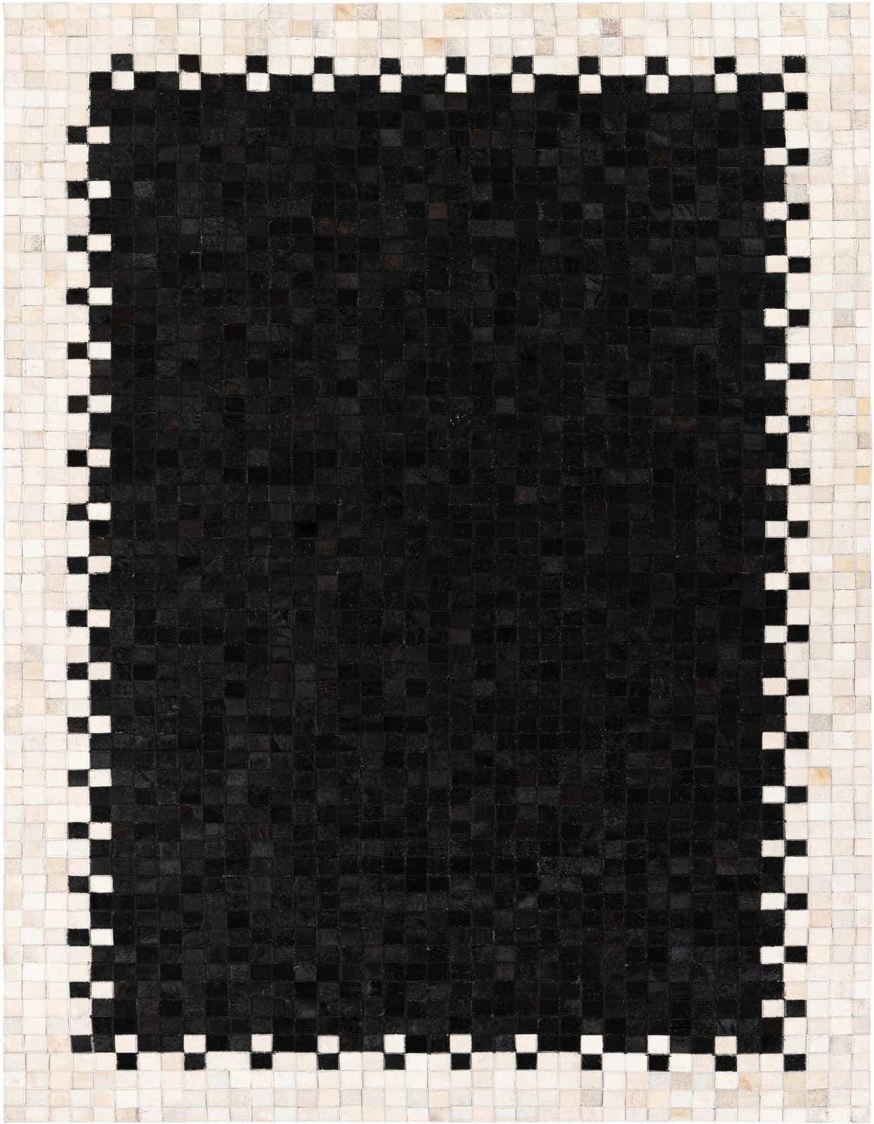 A 5x8 rectangular black modern cowhide rug with a white and black checkerboard border, suitable for a living room.