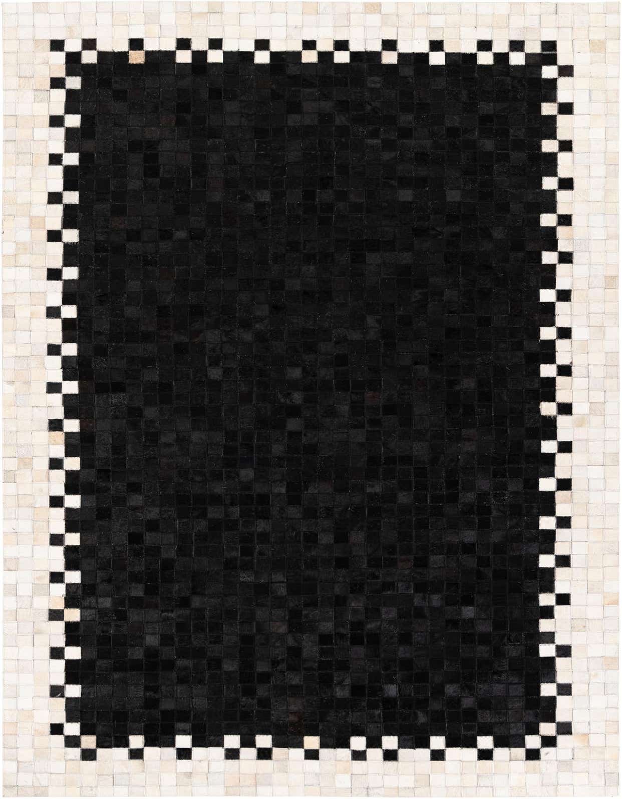 A 5x8 rectangular black modern cowhide rug with a white and black checkerboard border, suitable for a living room.