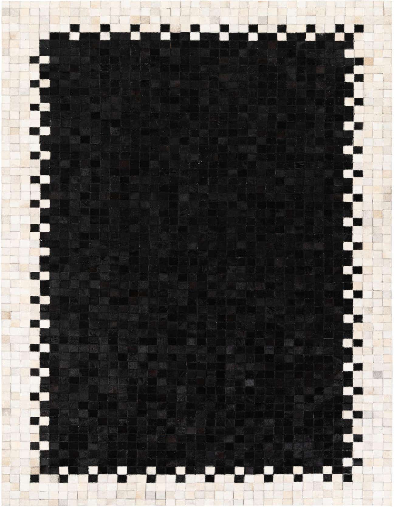 A 5x8 rectangular black cowhide rug with a modern checkerboard border of alternating black and white squares.