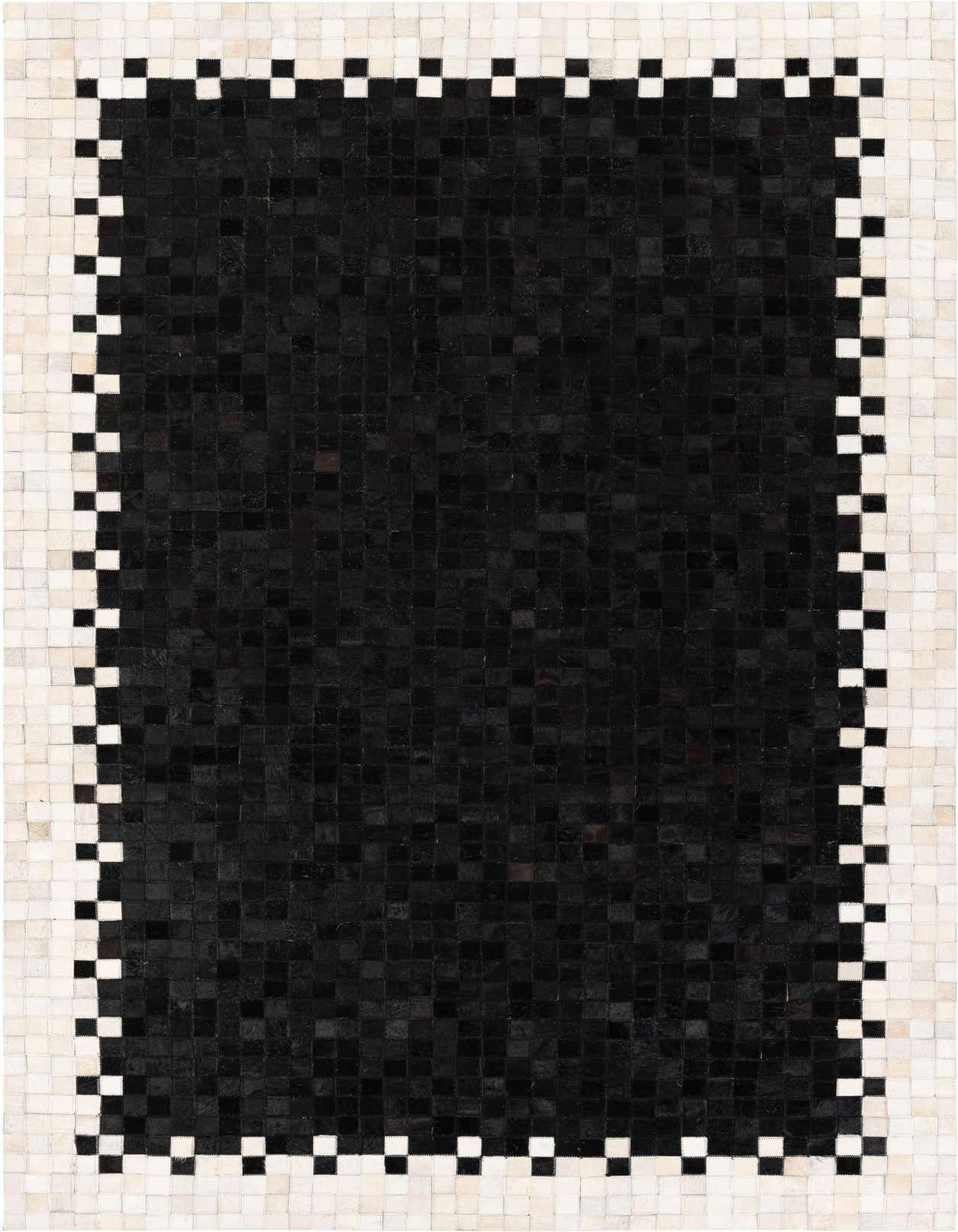 A 5x8 rectangular black modern cowhide rug with a white and black checkerboard border.