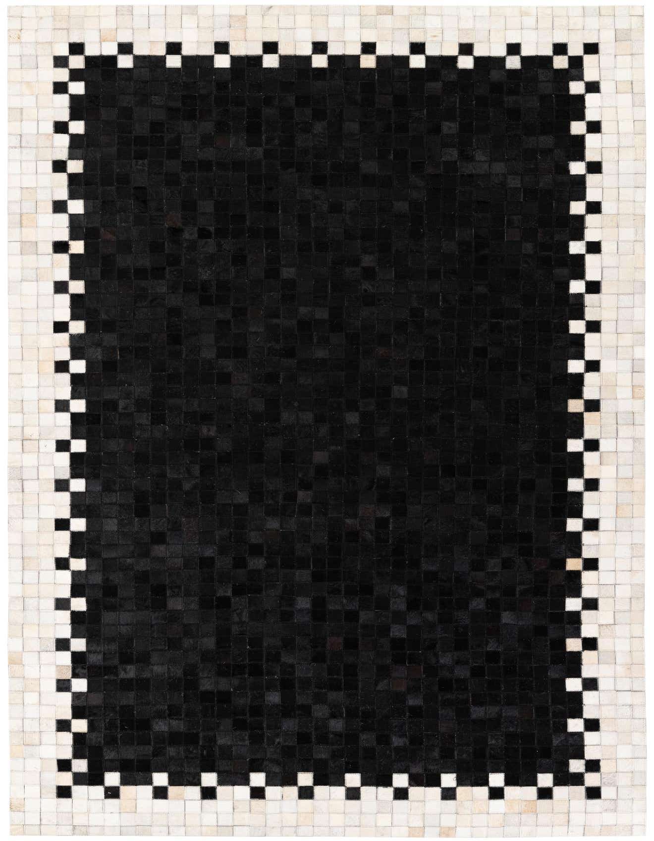 A 5x8 rectangular black modern cowhide rug with a white and black checkered border.