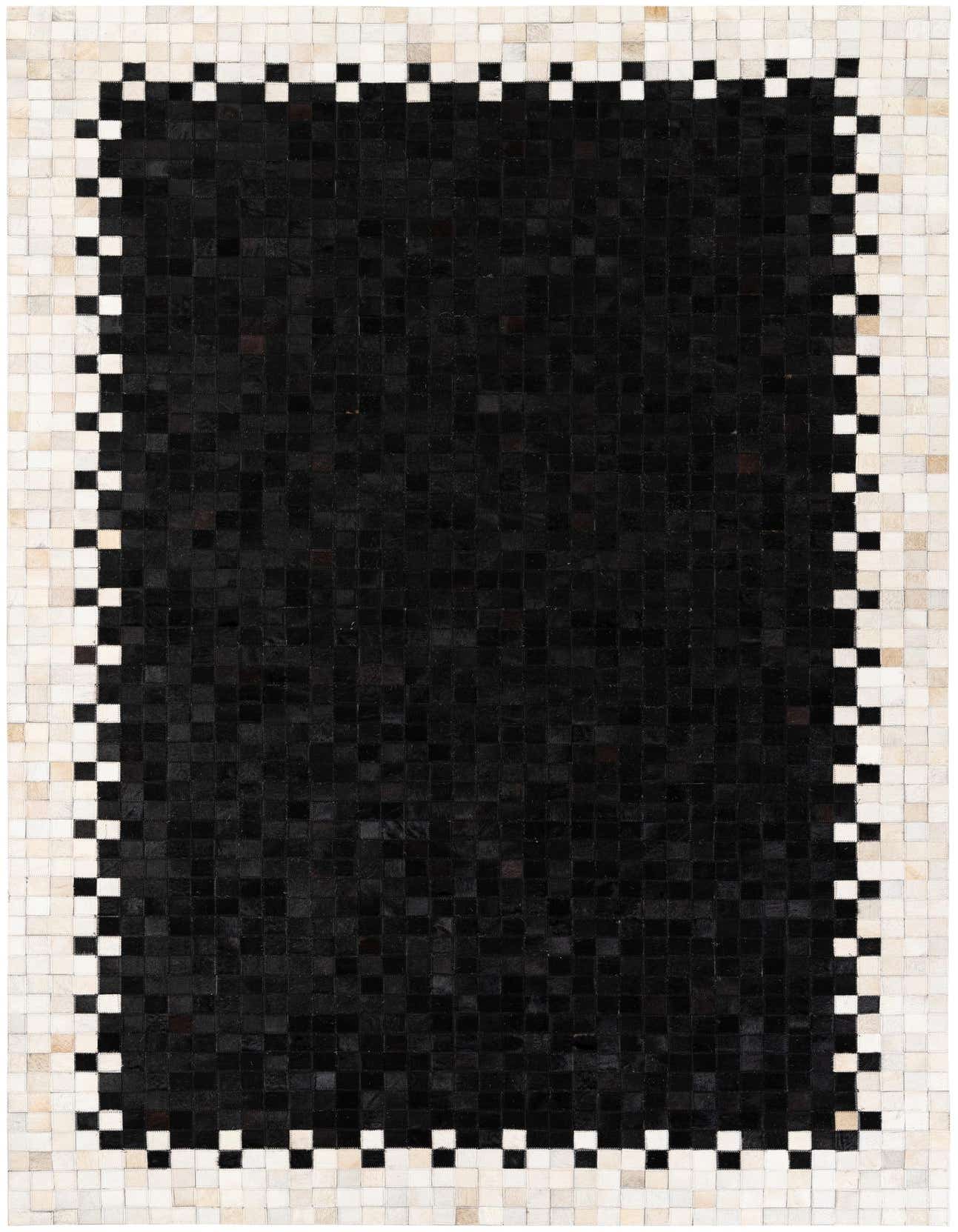 A 5x8 rectangular black modern cowhide rug with a white and black checkered border, suitable for a living room.