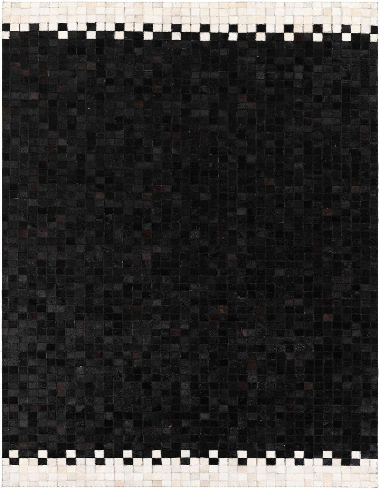 A rectangular 5x8 modern black cowhide rug with a checkered white and black border.