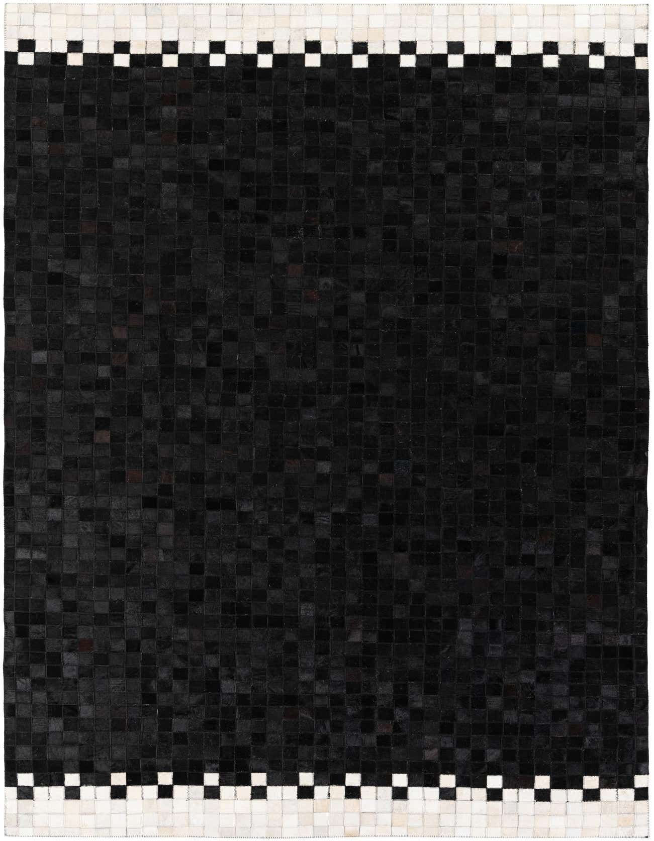 A 5x8 rectangular black cowhide rug with a modern design, featuring a mosaic of black squares and a white and black checkered border.