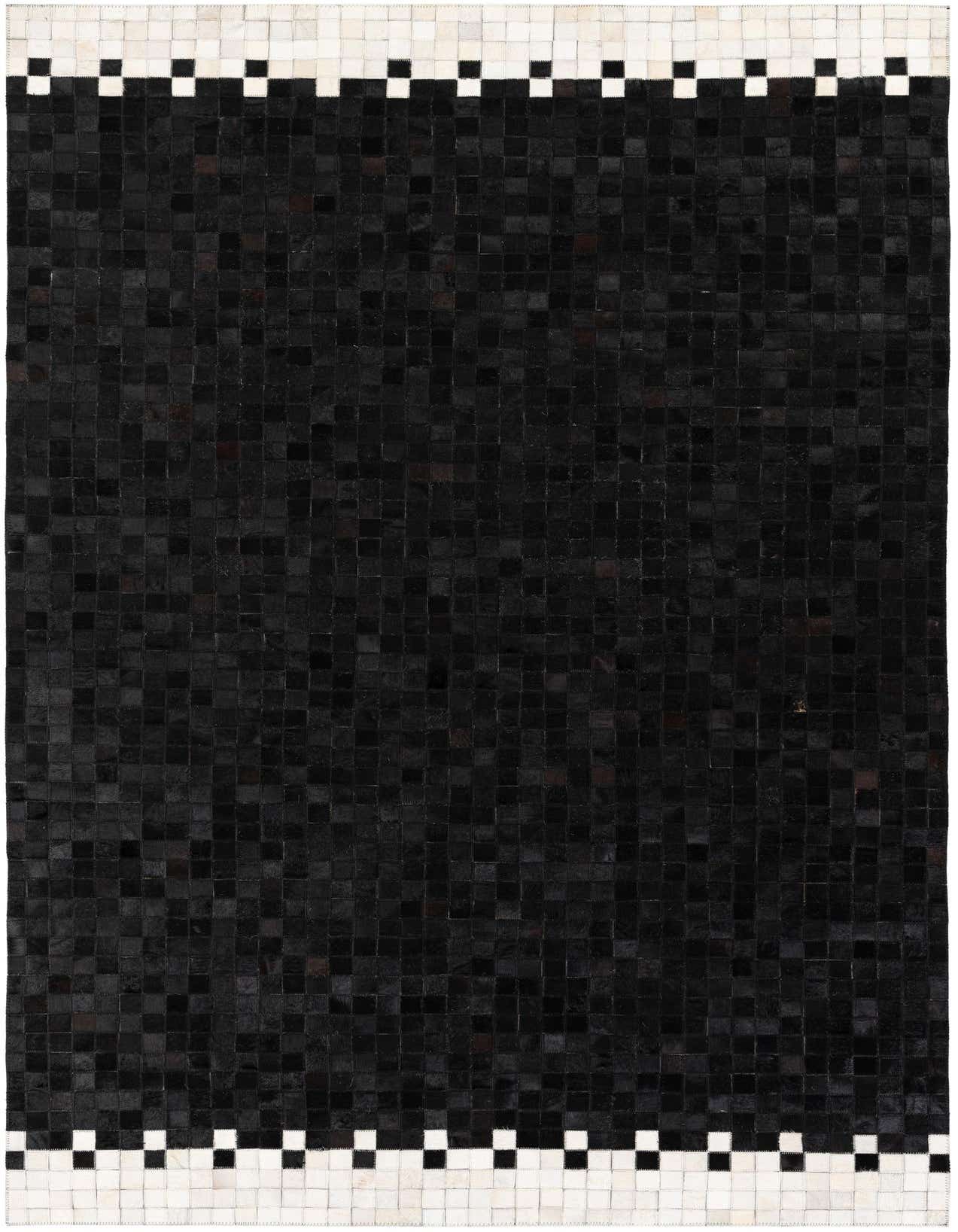 A 5x8 rectangular black cowhide rug with a modern checkerboard border of white and black squares.