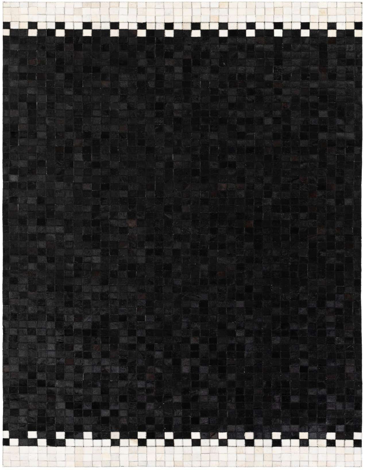 A 5x8 rectangular Cowhide Stocks rug featuring a modern pattern of black squares with a white and black checkered border.