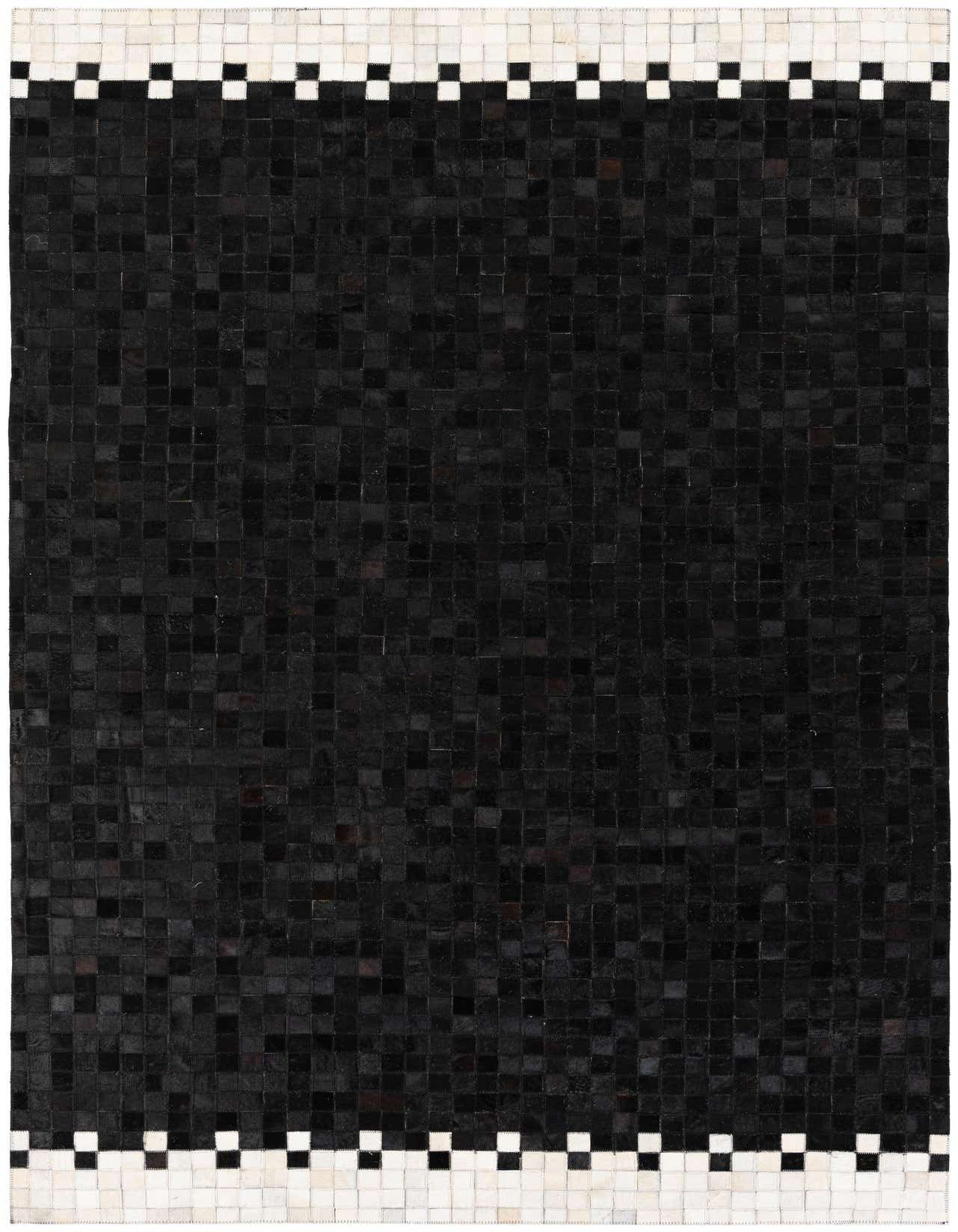 A 5x8 rectangular black cowhide rug with a modern design, featuring a border of alternating black and white squares.