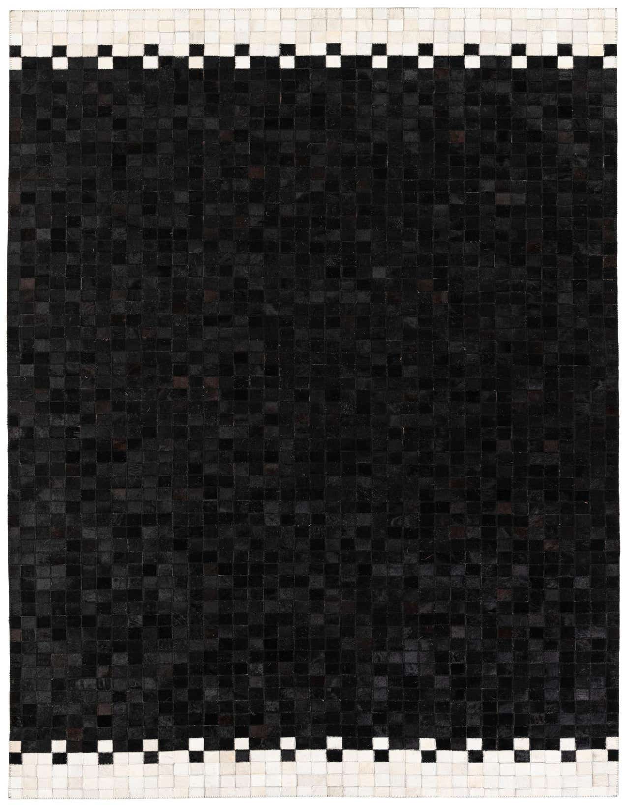 A 5x8 rectangular black modern cowhide rug with a white and black checkered border at the top and bottom edges.