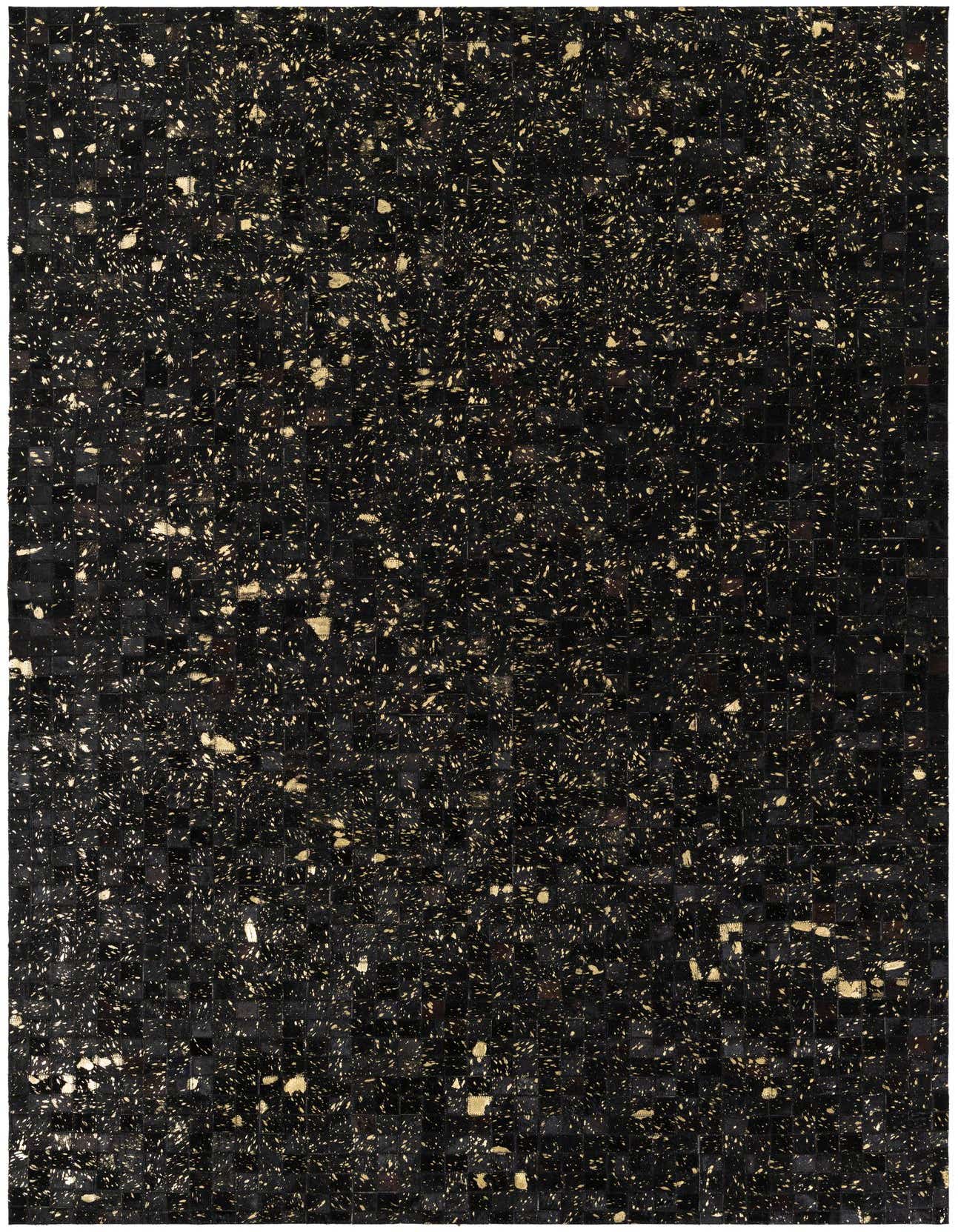 A 5x8 rectangular black modern cowhide rug with scattered gold flecks, suitable for a living room.