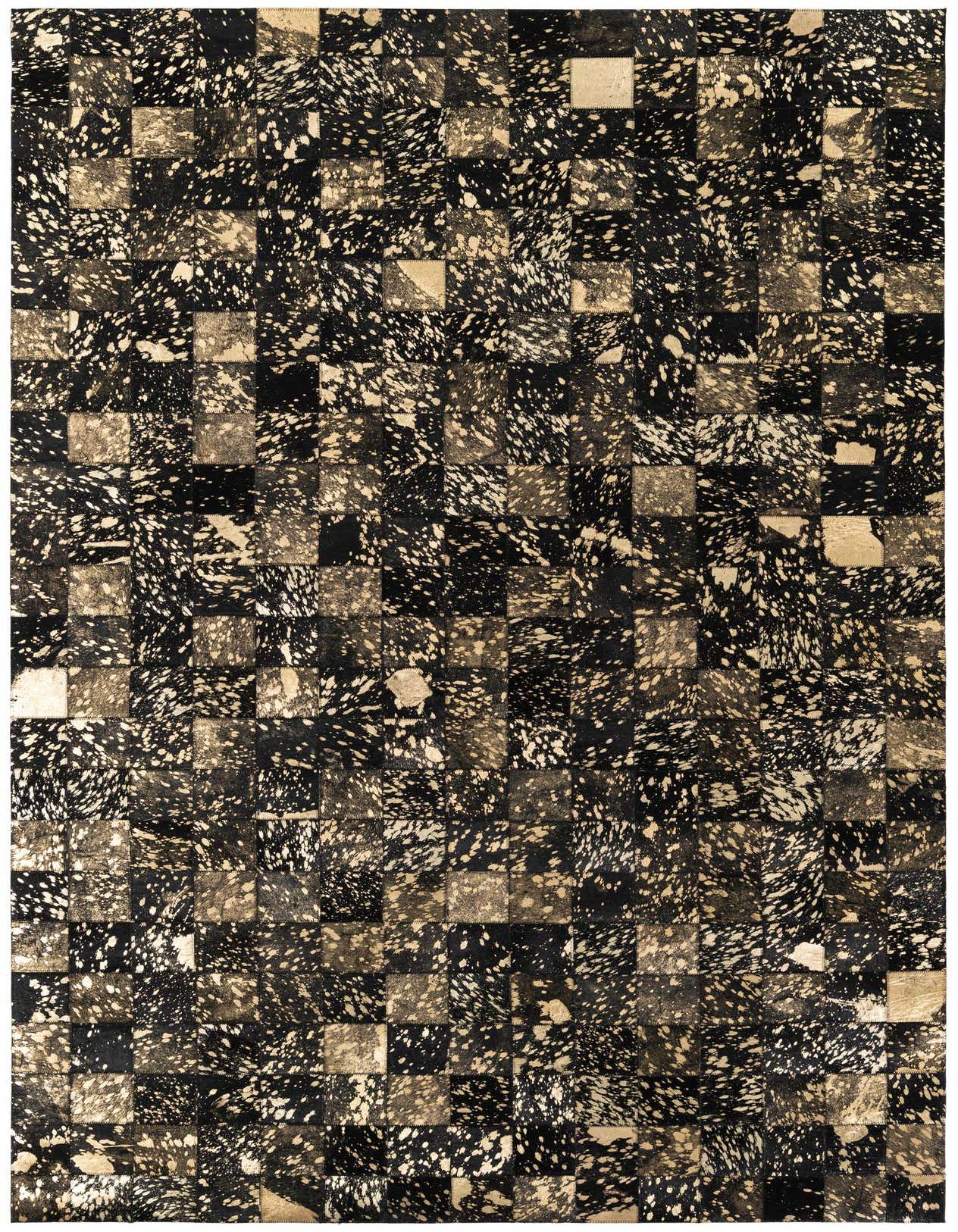 A 5x8 rectangular Cowhide Stocks rug by Rugs.com, featuring a modern patchwork of black and speckled natural cowhide squares.