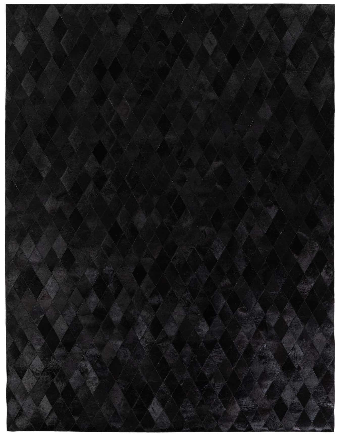 A 7x10 rectangular black modern cowhide rug with a subtle diamond pattern, suitable for a living room.