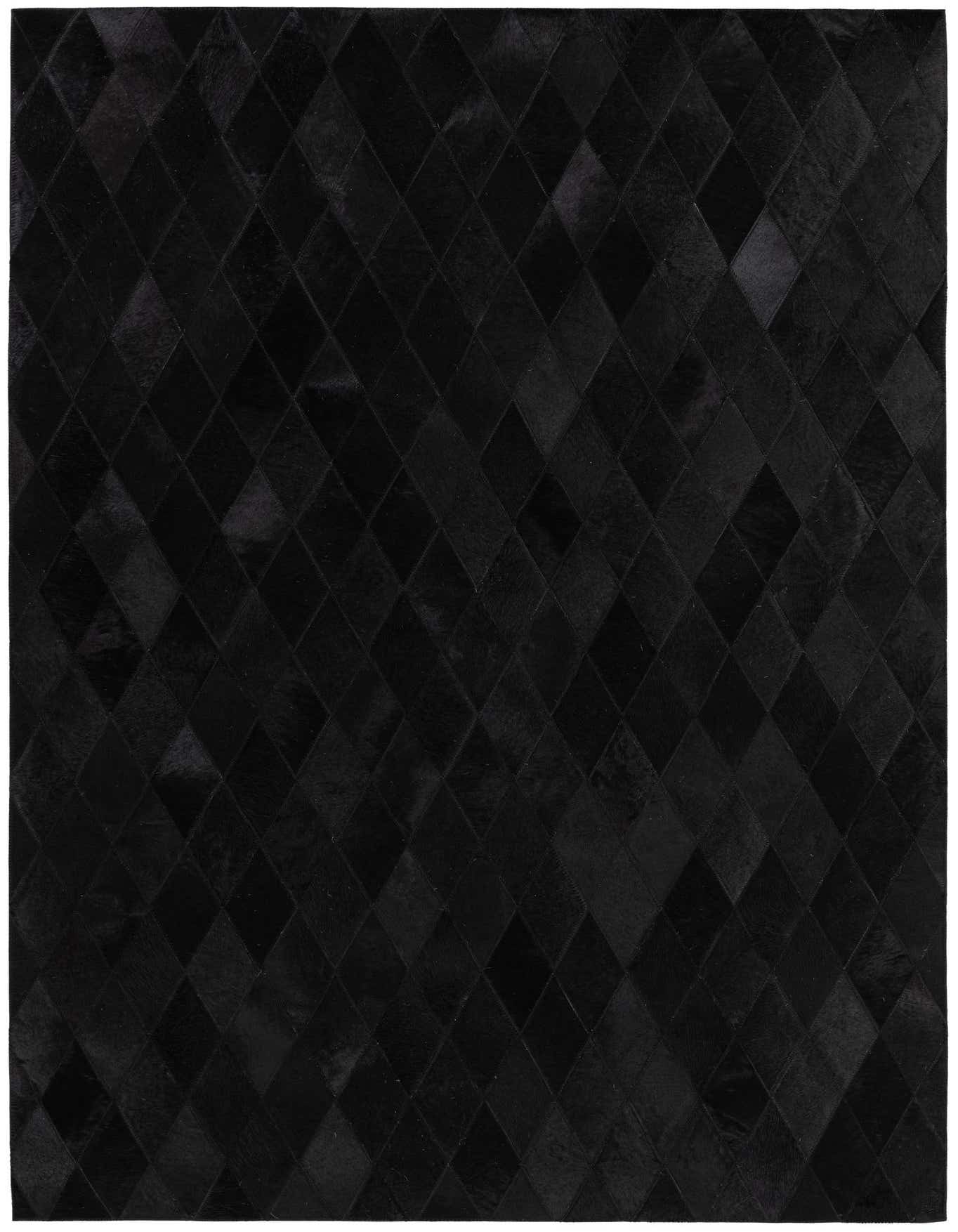 A 4x6 rectangular black modern cowhide rug with a subtle diamond pattern, suitable for various indoor rooms.