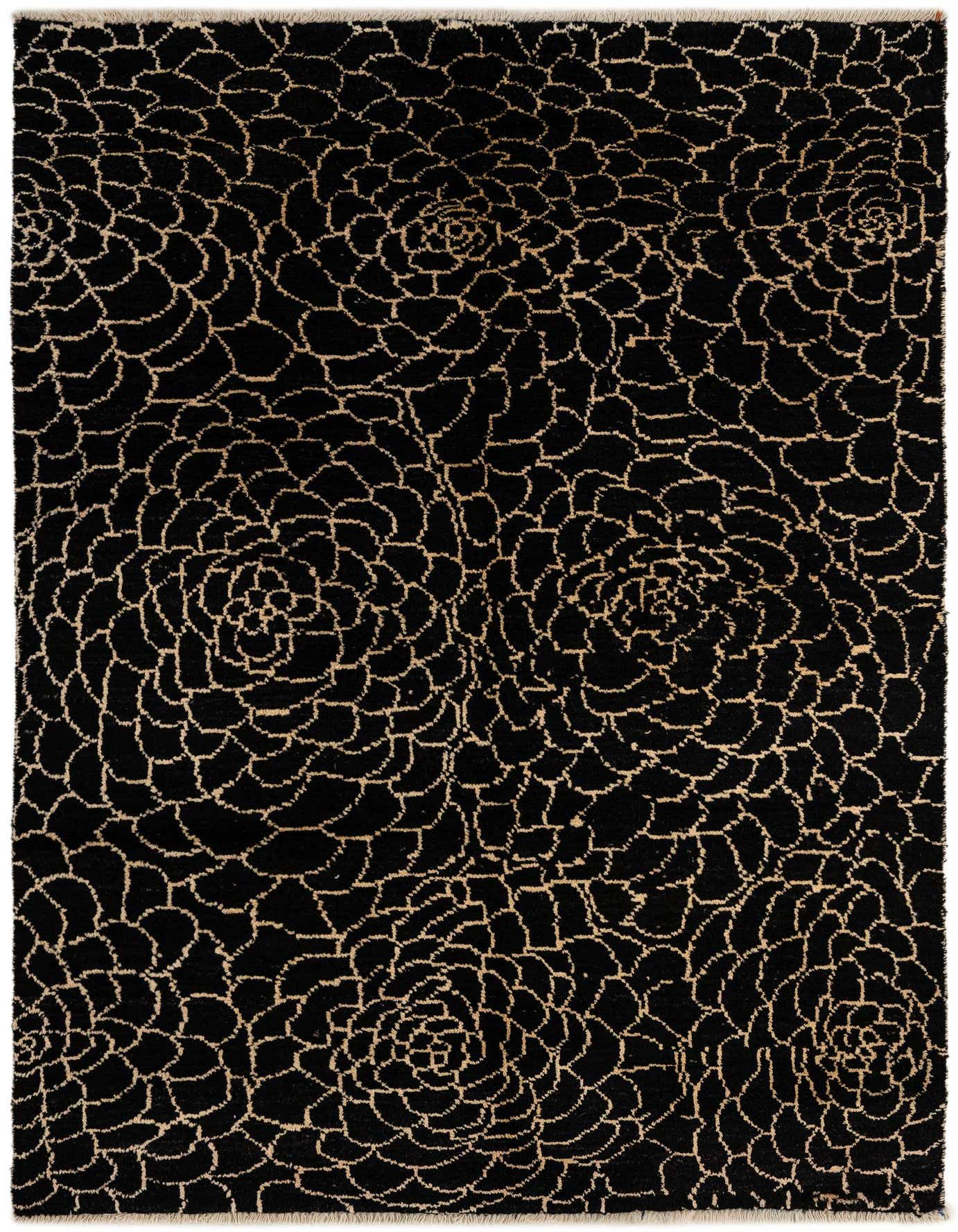 A 5x8 rectangular black wool rug with a modern French-inspired floral pattern in light beige, suitable for a living room.