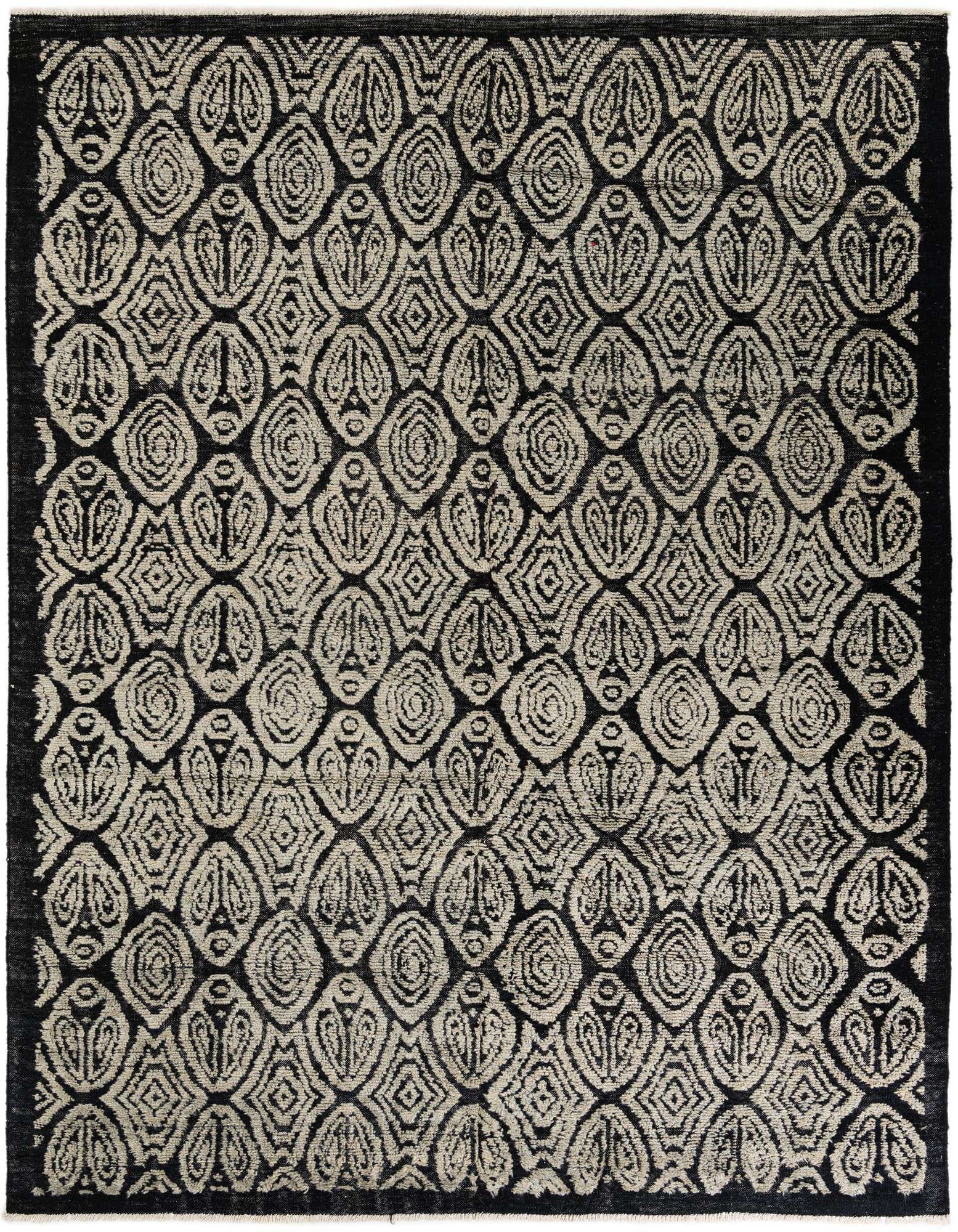 A 9x11 rectangular black and beige modern abstract wool rug with a high pile, featuring an intricate repeating pattern.