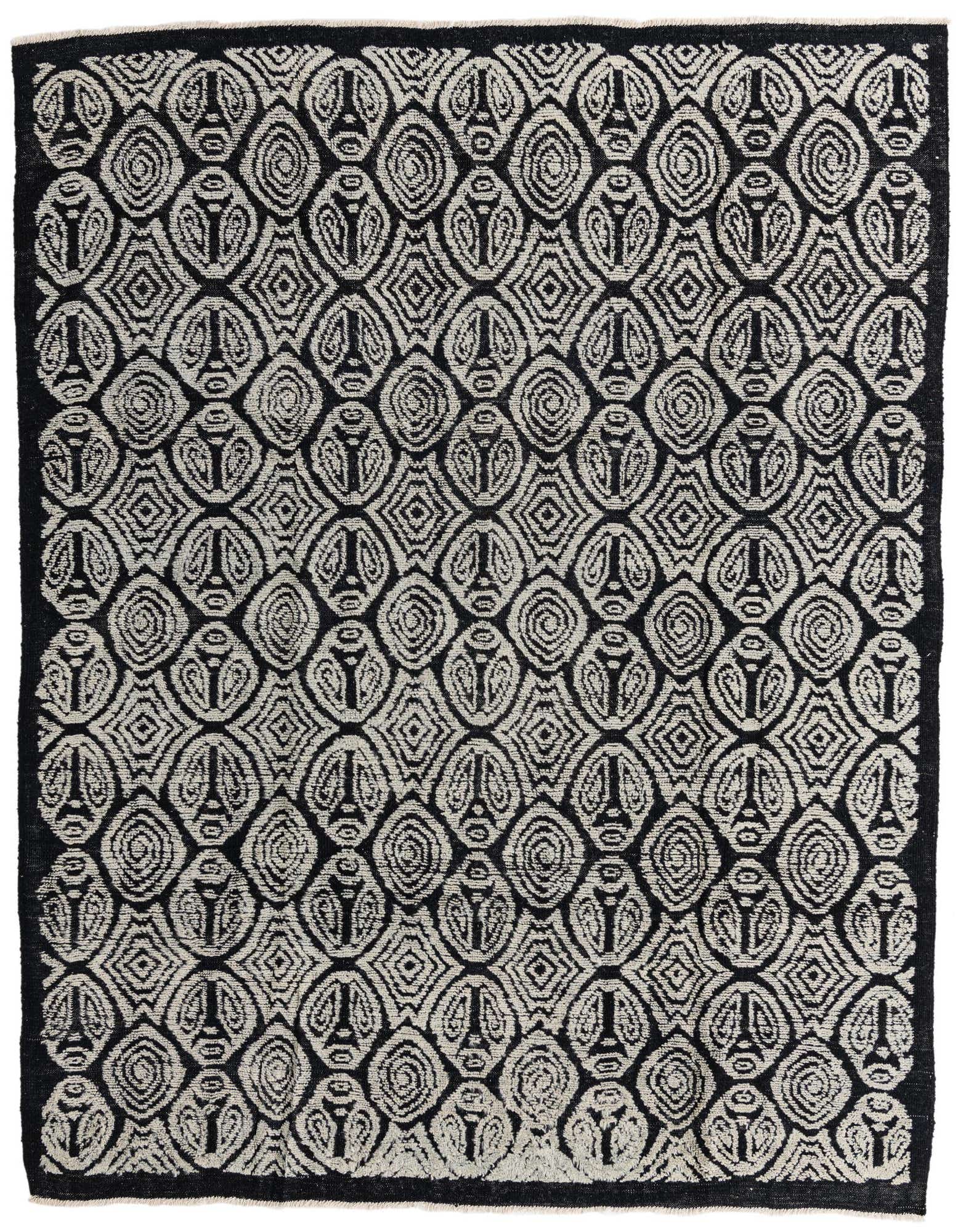 A rectangular 8x10 Darya rug in black and off-white, featuring a modern abstract and oriental pattern, perfect for a living room.