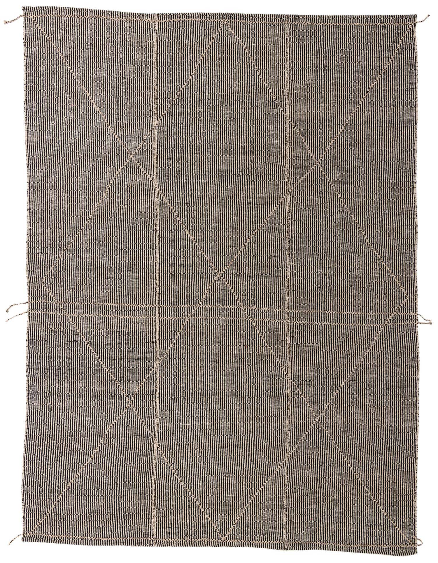 A 10x14 rectangular Darya rug by Rugs.com, featuring a textured black and light beige striped pattern with a modern geometric overlay.