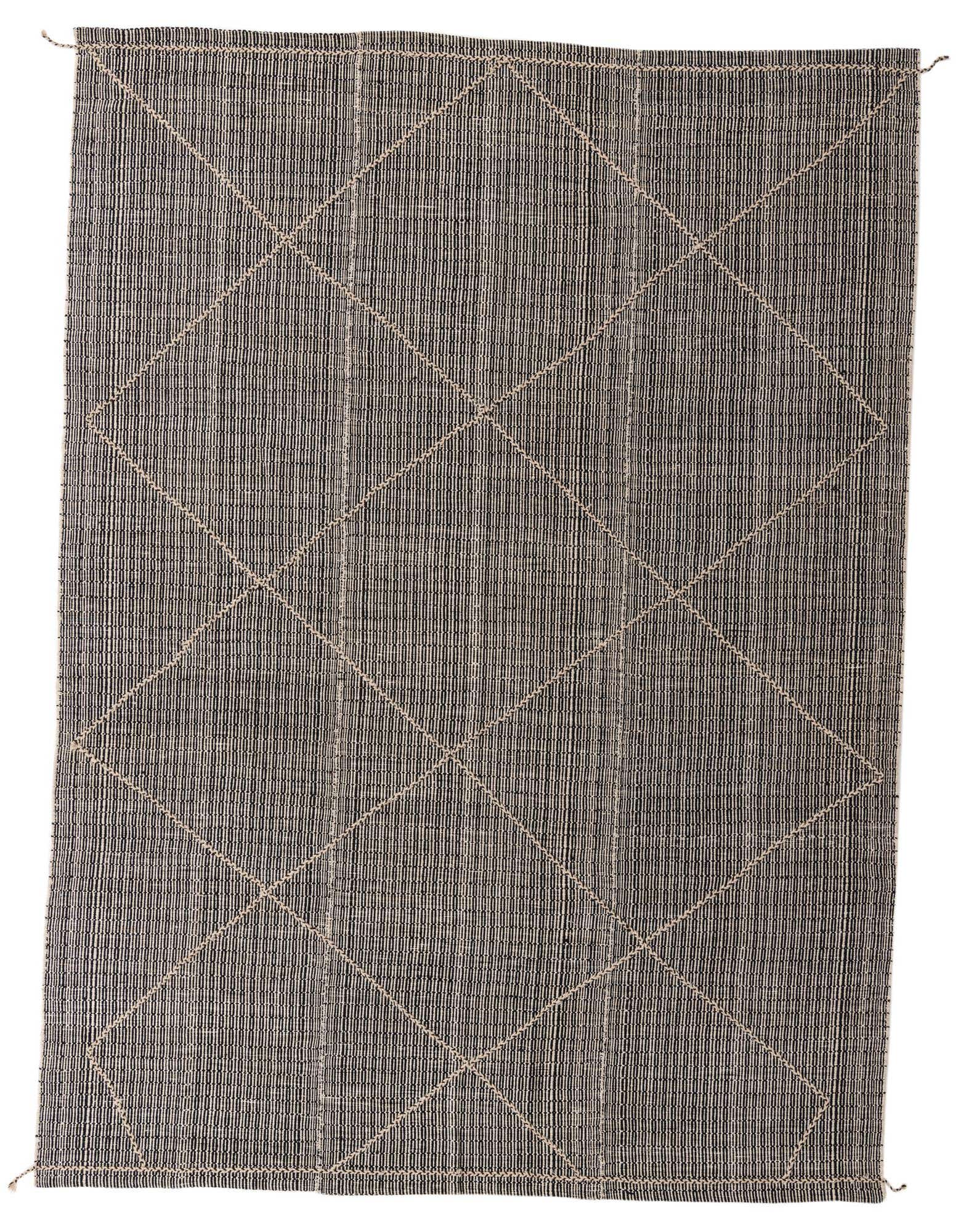 A 9x12 rectangular Darya rug in black wool, featuring a textured modern oriental pattern with light diamond shapes.