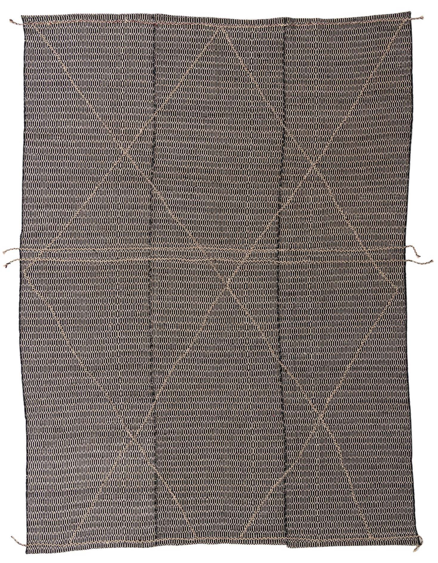 A 10x14 rectangular black wool rug with a subtle textured modern oriental pattern and light geometric accents.