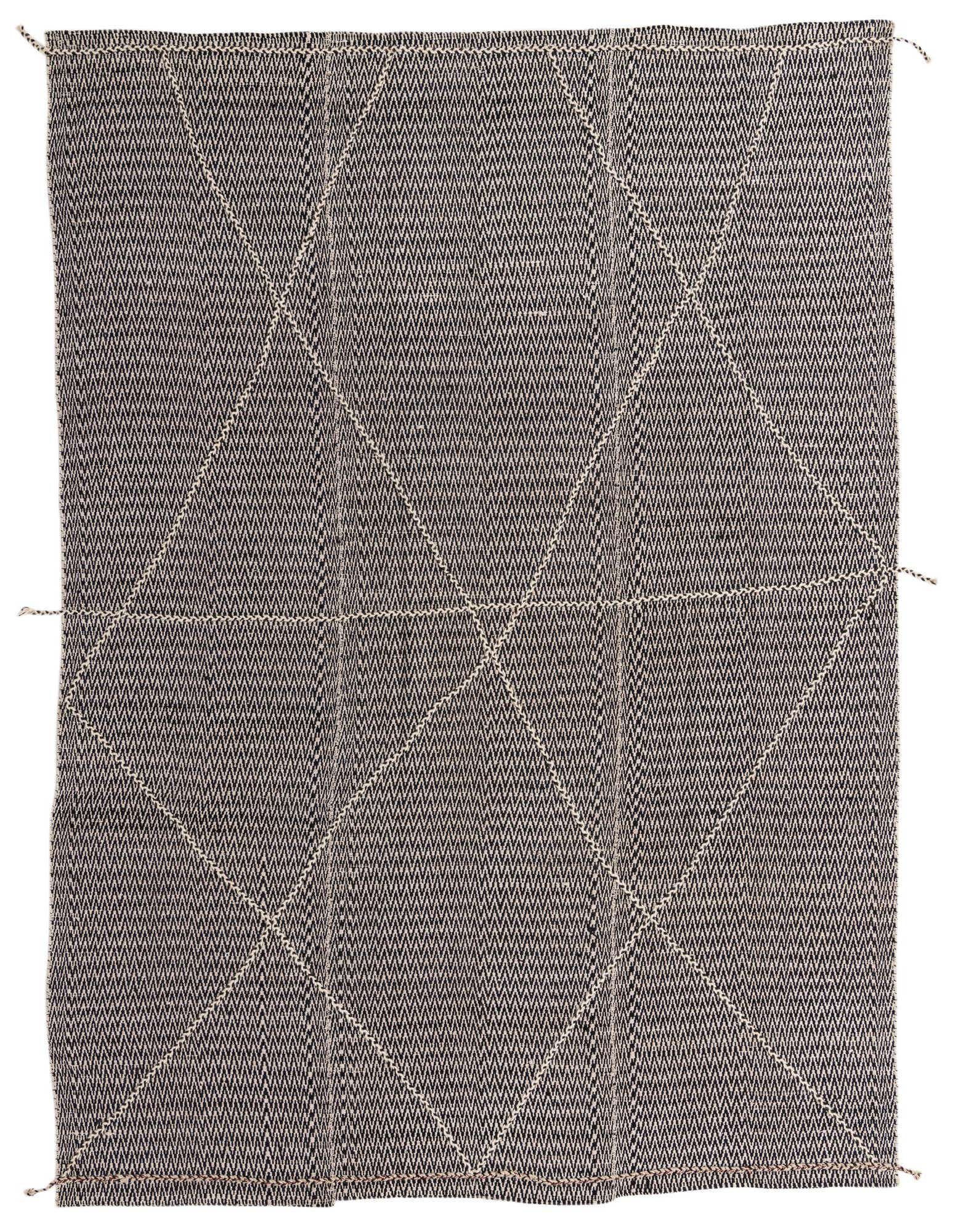 A 9x11 rectangular Darya rug in black wool, featuring a modern geometric pattern with textured white stitching.