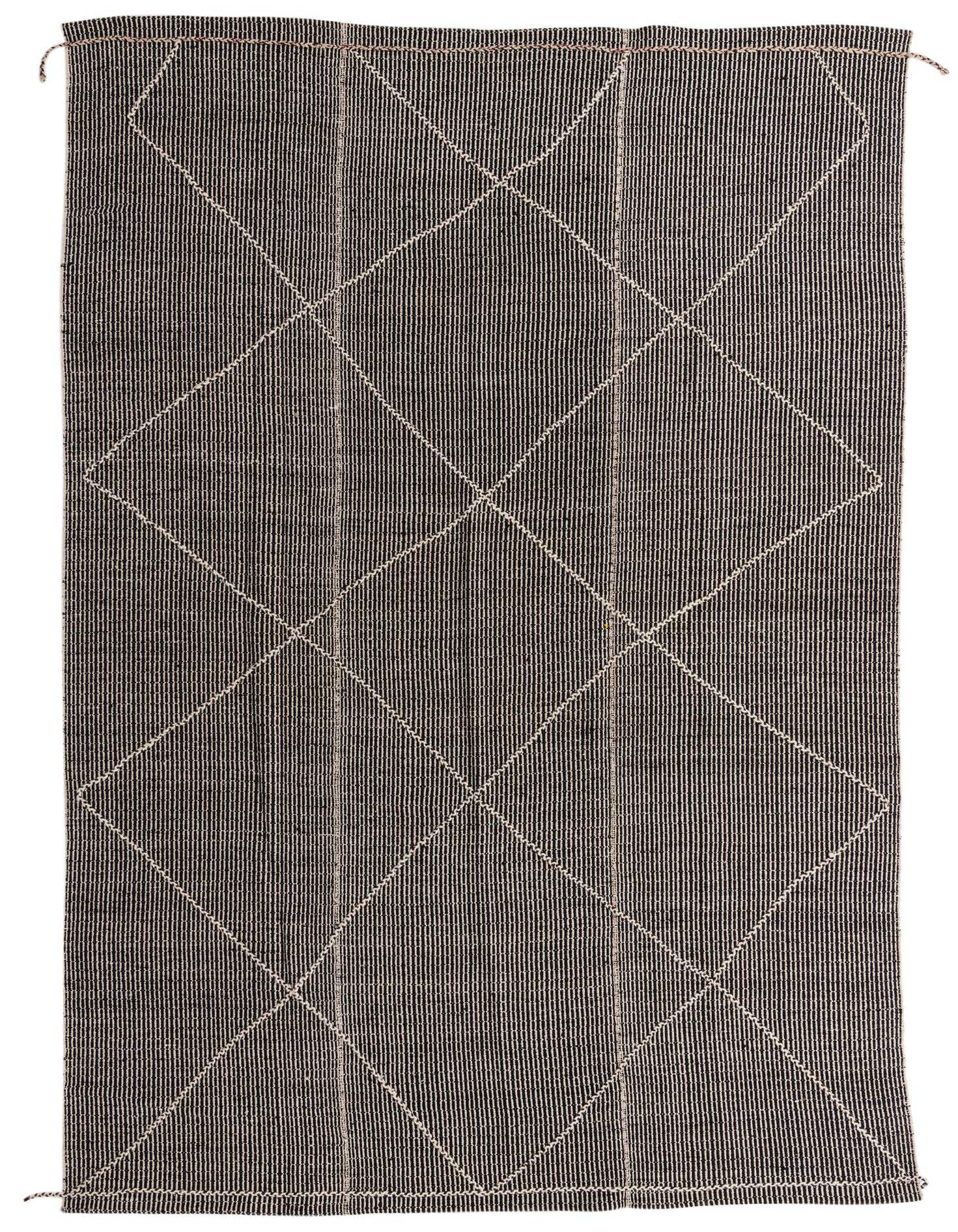 A 10x14 rectangular black wool area rug with a modern oriental diamond pattern in light beige, featuring a textured, handmade weave.
