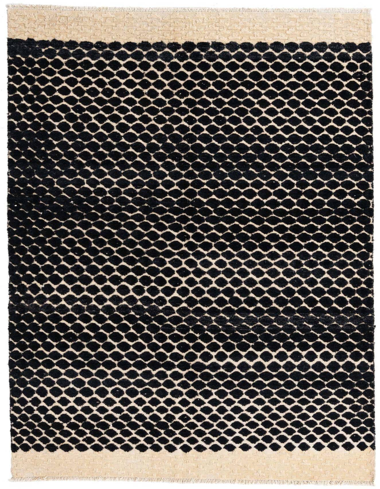 A 5x8 rectangular black and beige wool rug with a textured modern oriental pattern, suitable for a living room.