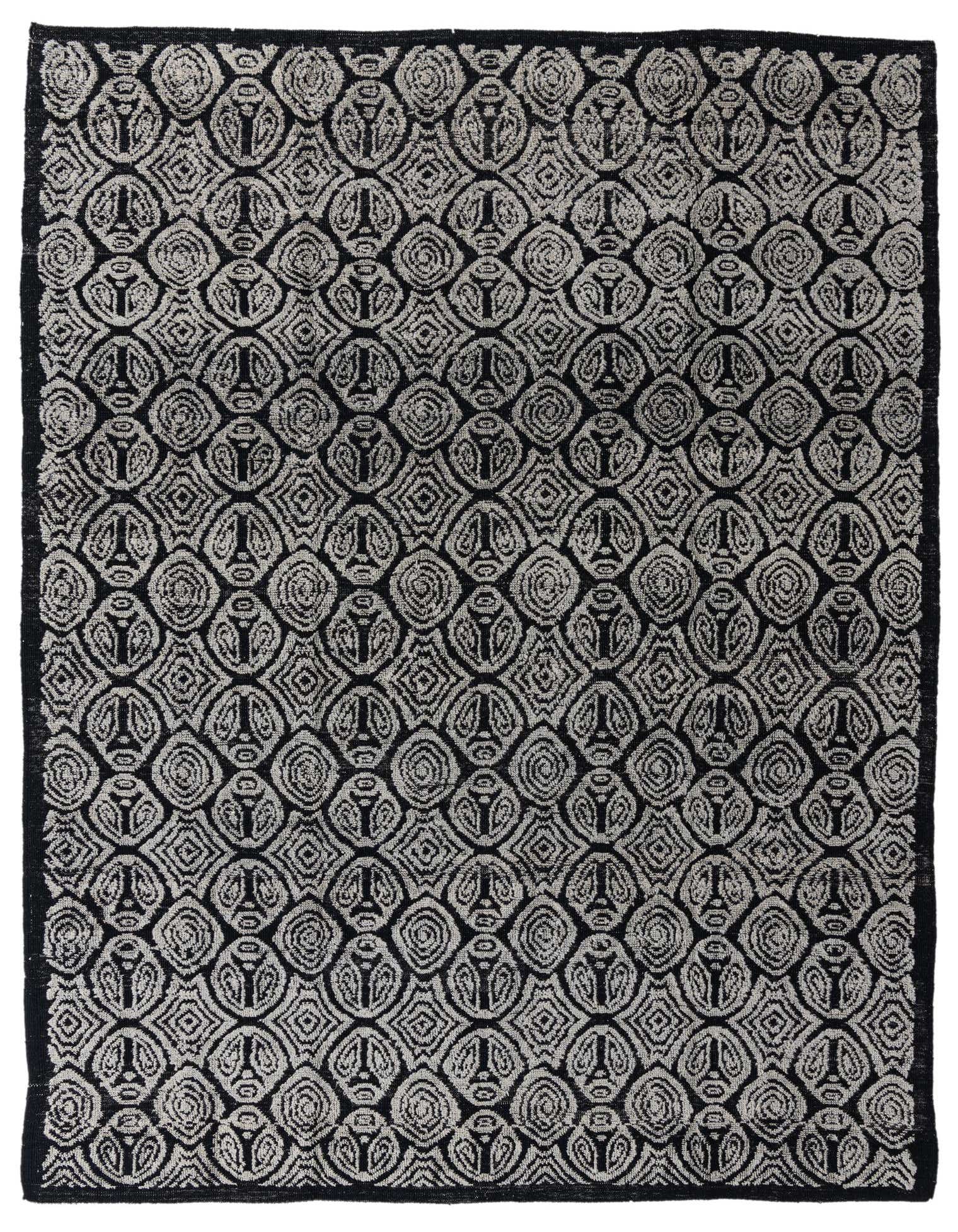 A 9x12 rectangular Darya rug in black and off-white, featuring a modern oriental pattern with textured wool pile.