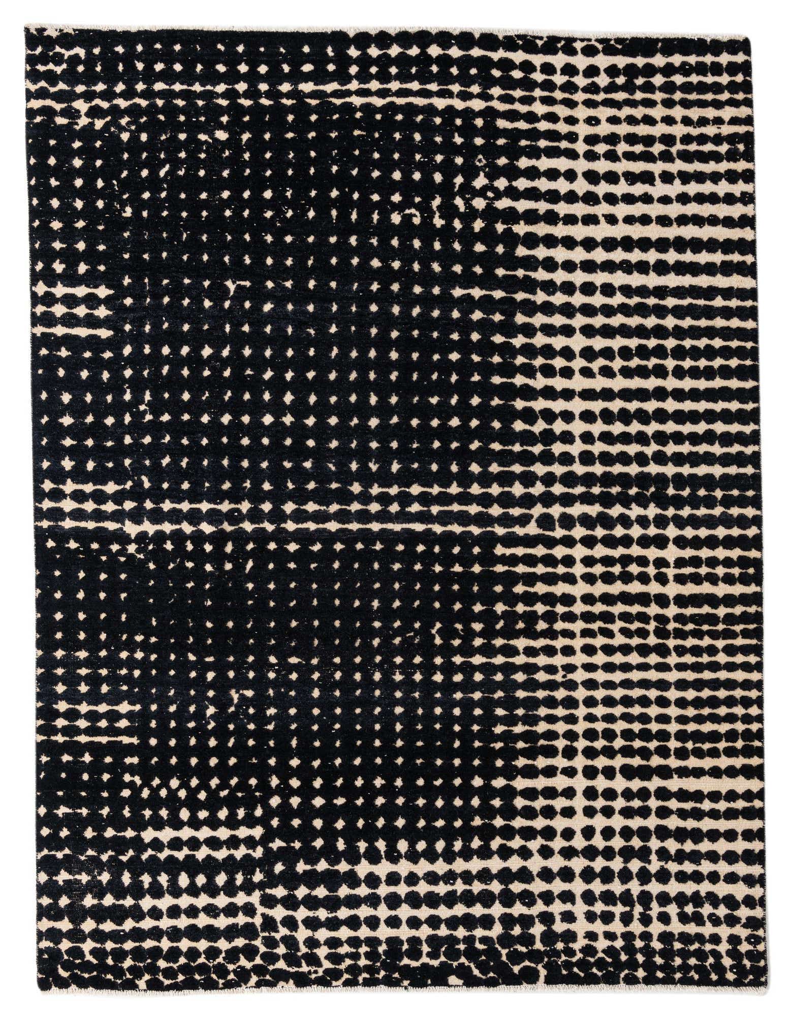 A rectangular 8x10 black and beige modern area rug with a textured, dotted, pixelated pattern, suitable for a living room or office.