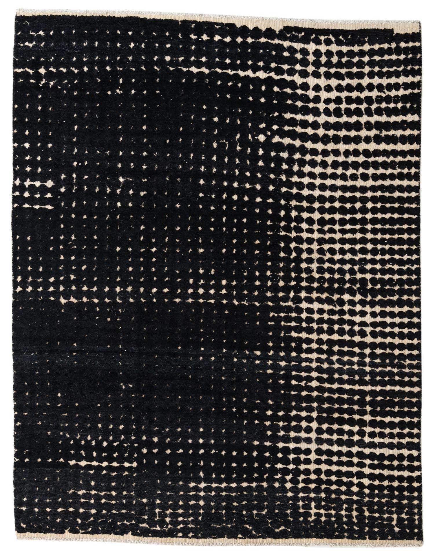 A rectangular 8x10 black and beige modern abstract wool area rug with a high pile, featuring a pixelated dot pattern.