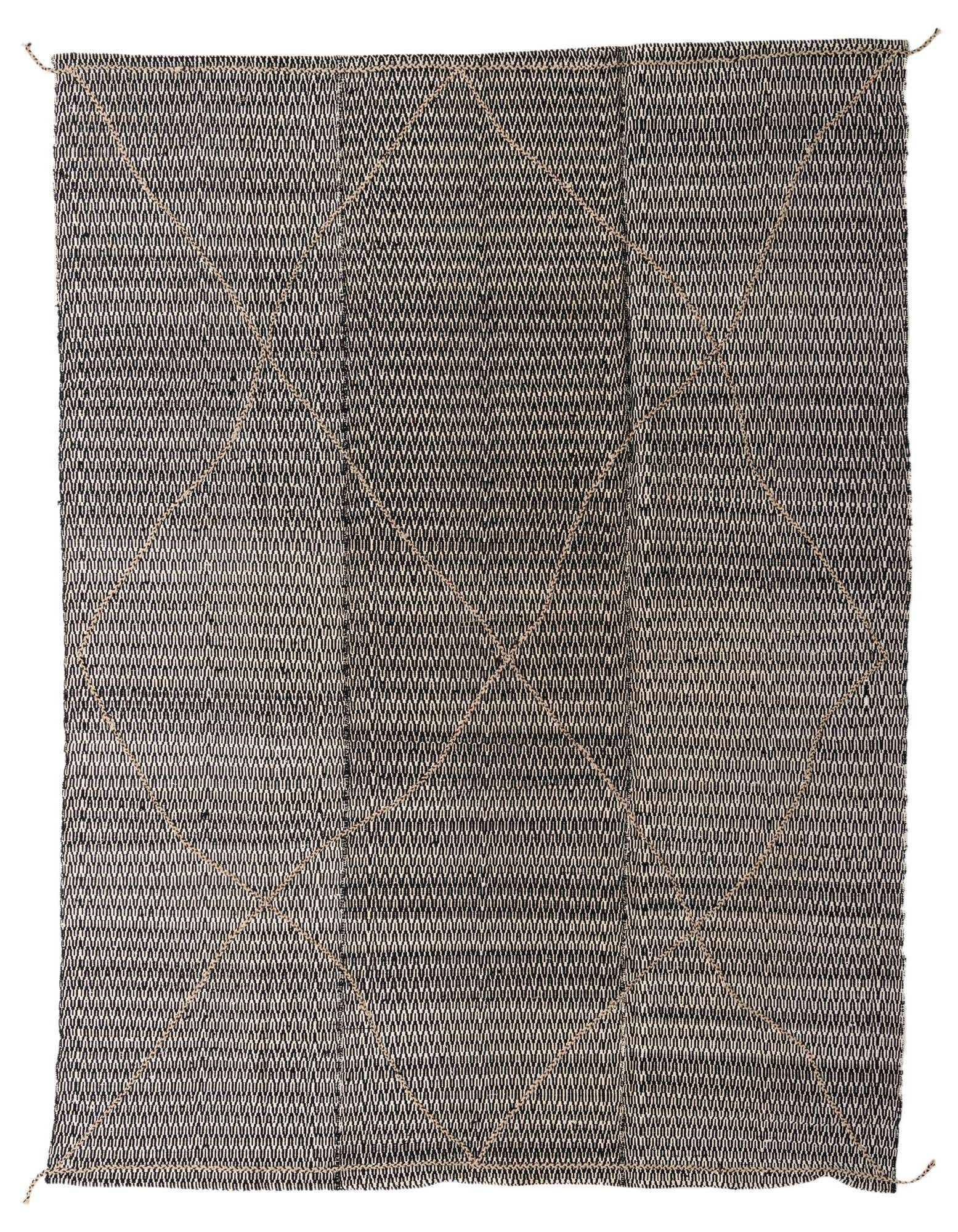 A large 8x11 rectangular Darya rug with a black and beige abstract modern pattern, suitable for a living room.