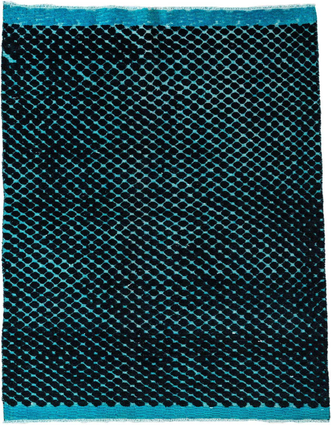 A 5x8 rectangular Darya rug with a modern black abstract pattern over a teal base, featuring a high pile.