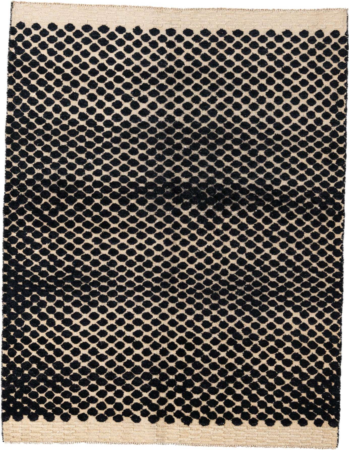 A 5x8 rectangular Darya rug in black and beige, featuring a modern abstract pattern of raised black dots on a light background, ideal for a living room.