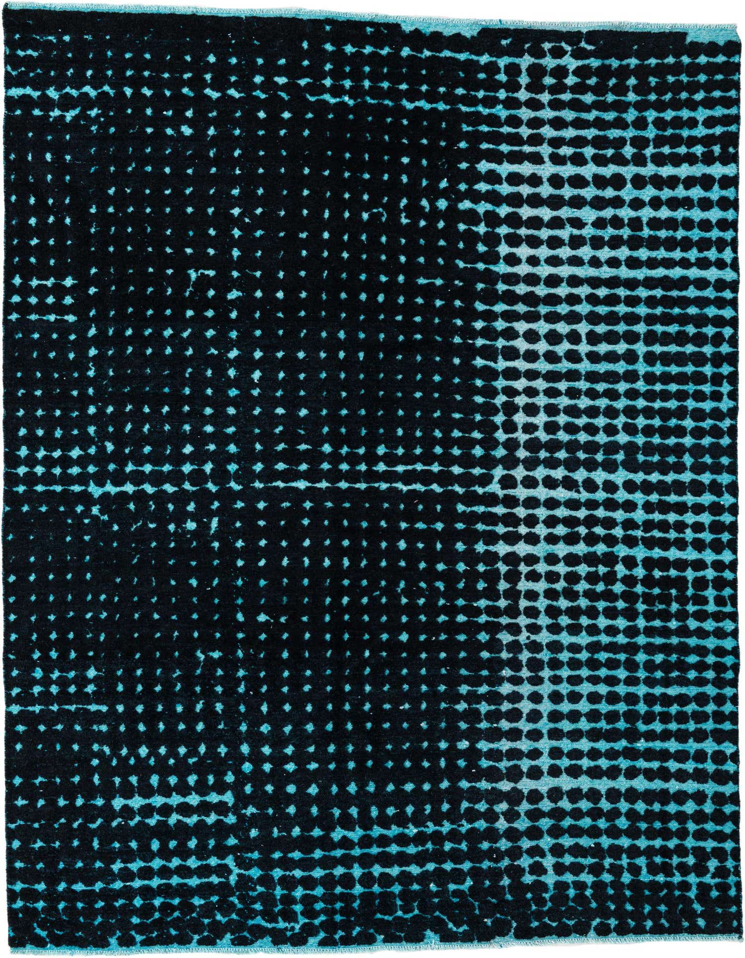 A rectangular 8x10 Darya rug with a modern abstract pattern in black and teal, featuring a pixelated dot design.