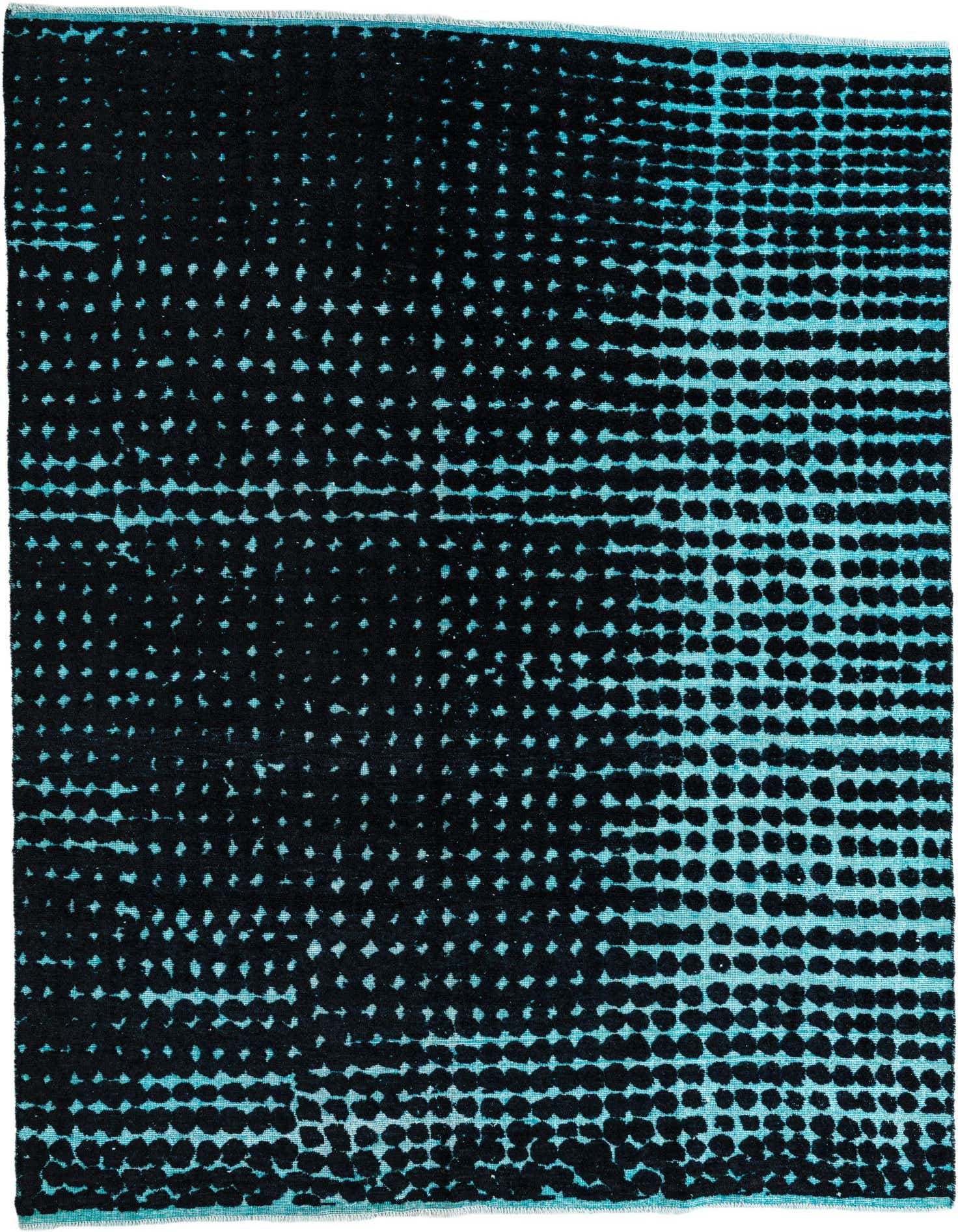 A rectangular 8x10 black wool rug with an abstract, modern pattern of fading teal dots, suitable for a living room.