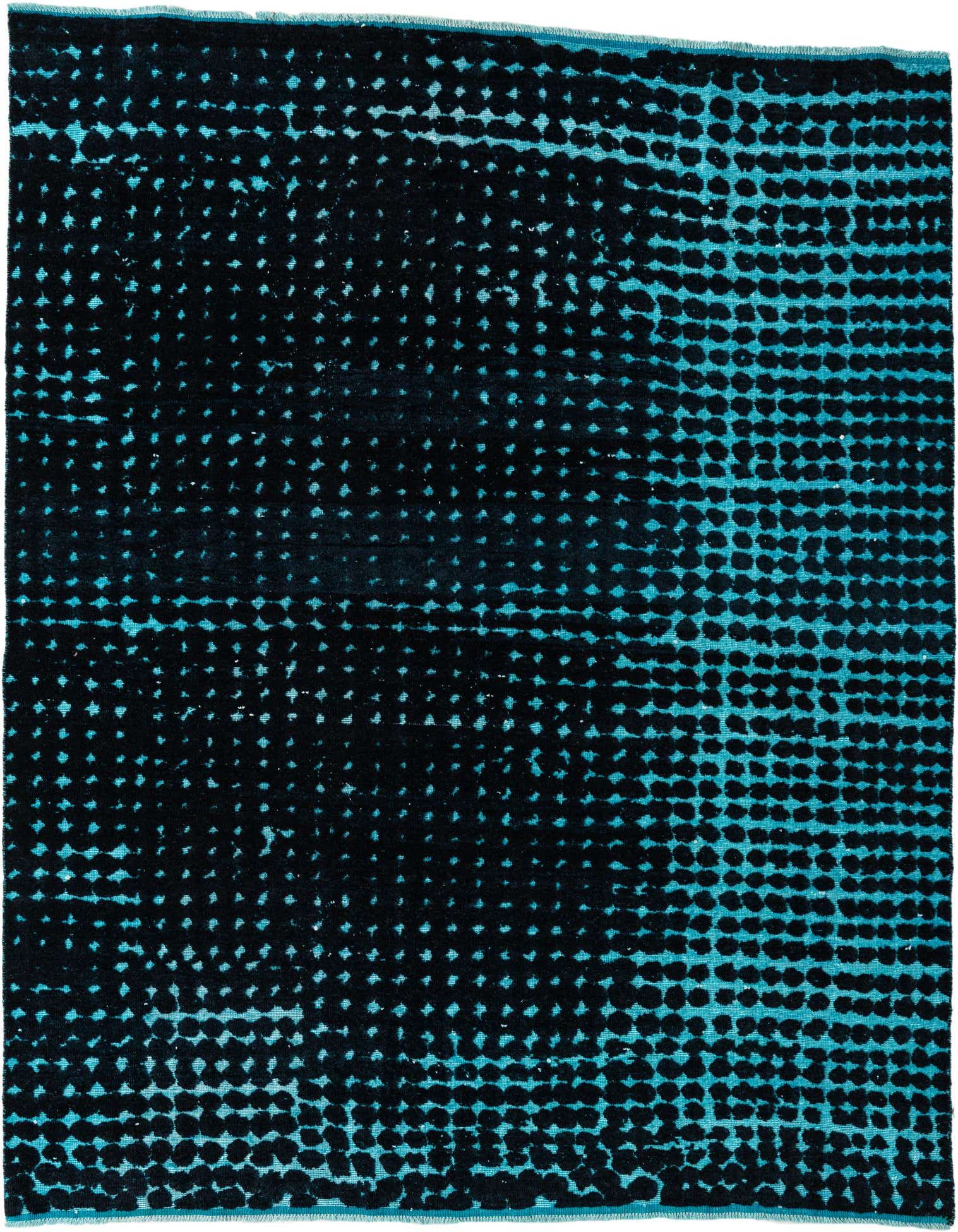 A rectangular 8x10 Rugs.com Darya rug featuring a modern abstract pattern of black dots on a vibrant teal background, suitable for a living room.